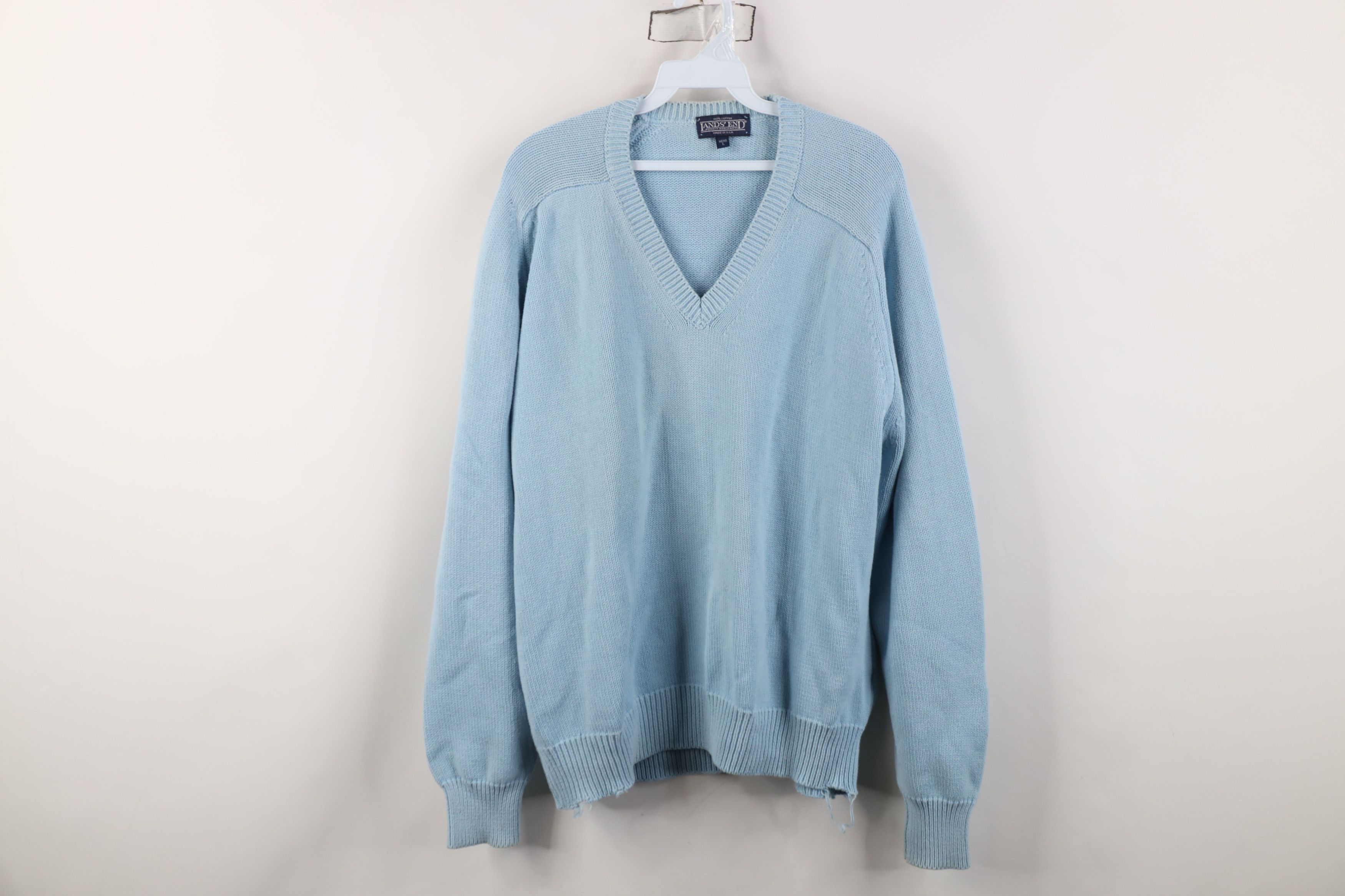 Lands' End Vintage 90s Lands End Knit V-Neck Sweater Carolina Blue USA Size US L / EU 52-54 / 3 - 1 Thumbnail