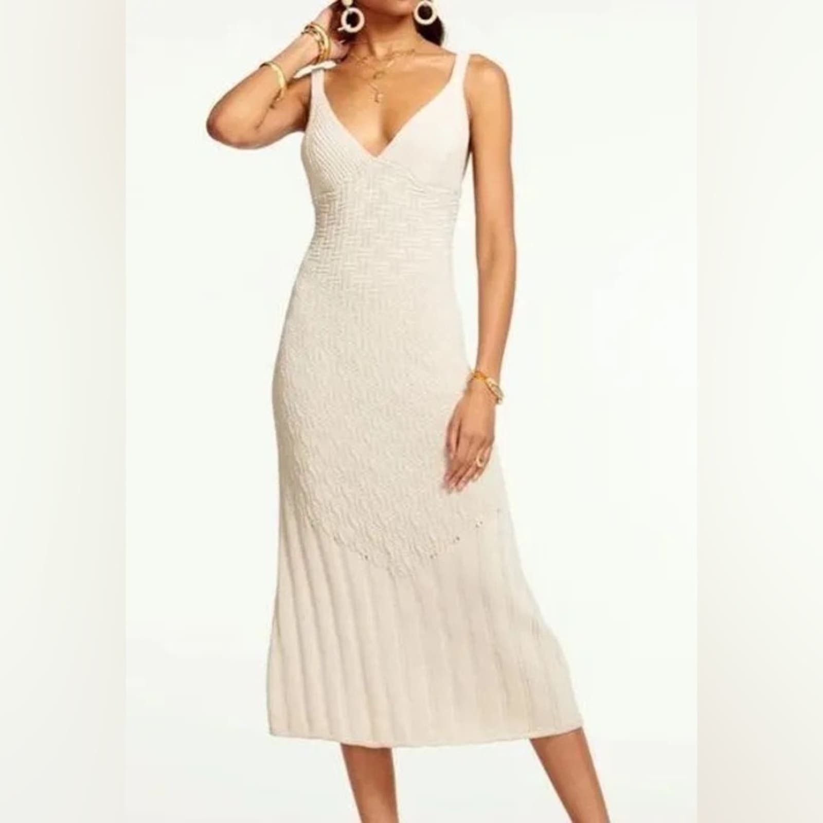 image of Ramy Brook Donovan Knit Midi Dress Sand XL in Cream, Women's