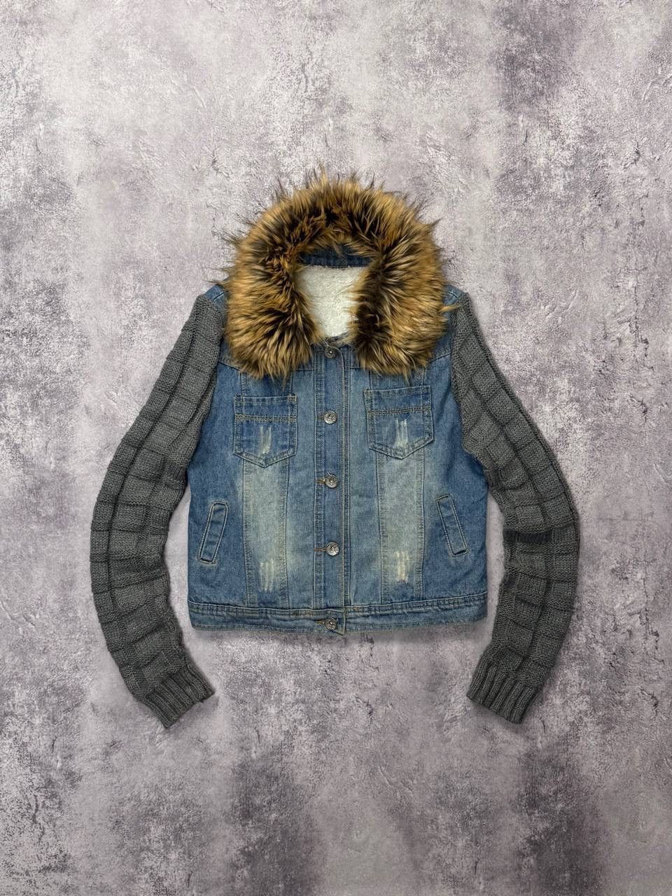 Vintage Wmns Faux Fur Denim Jacket Cable Knit Sleeve Cropped