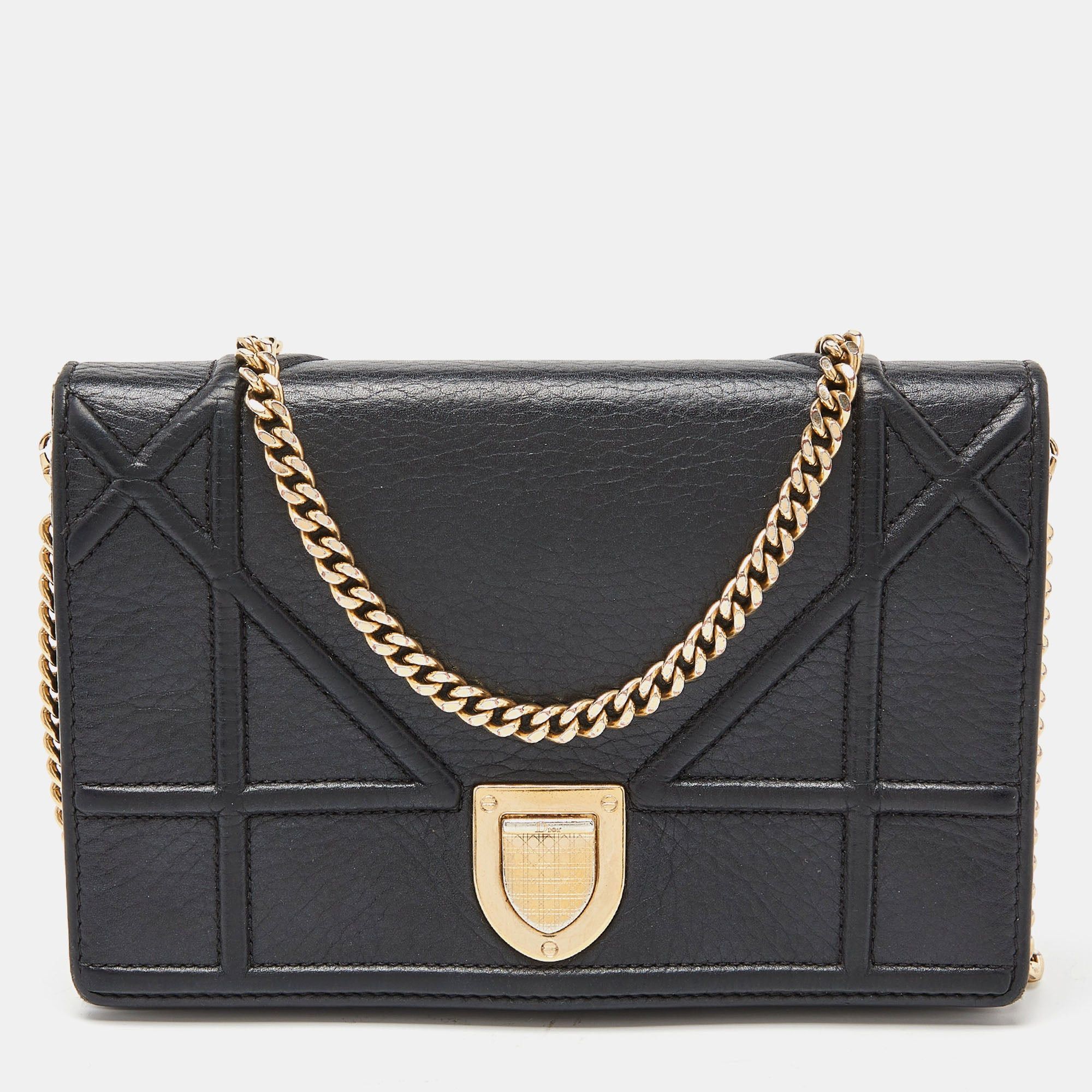 image of Dior Black Leather Ama Wallet On Chain, Women's