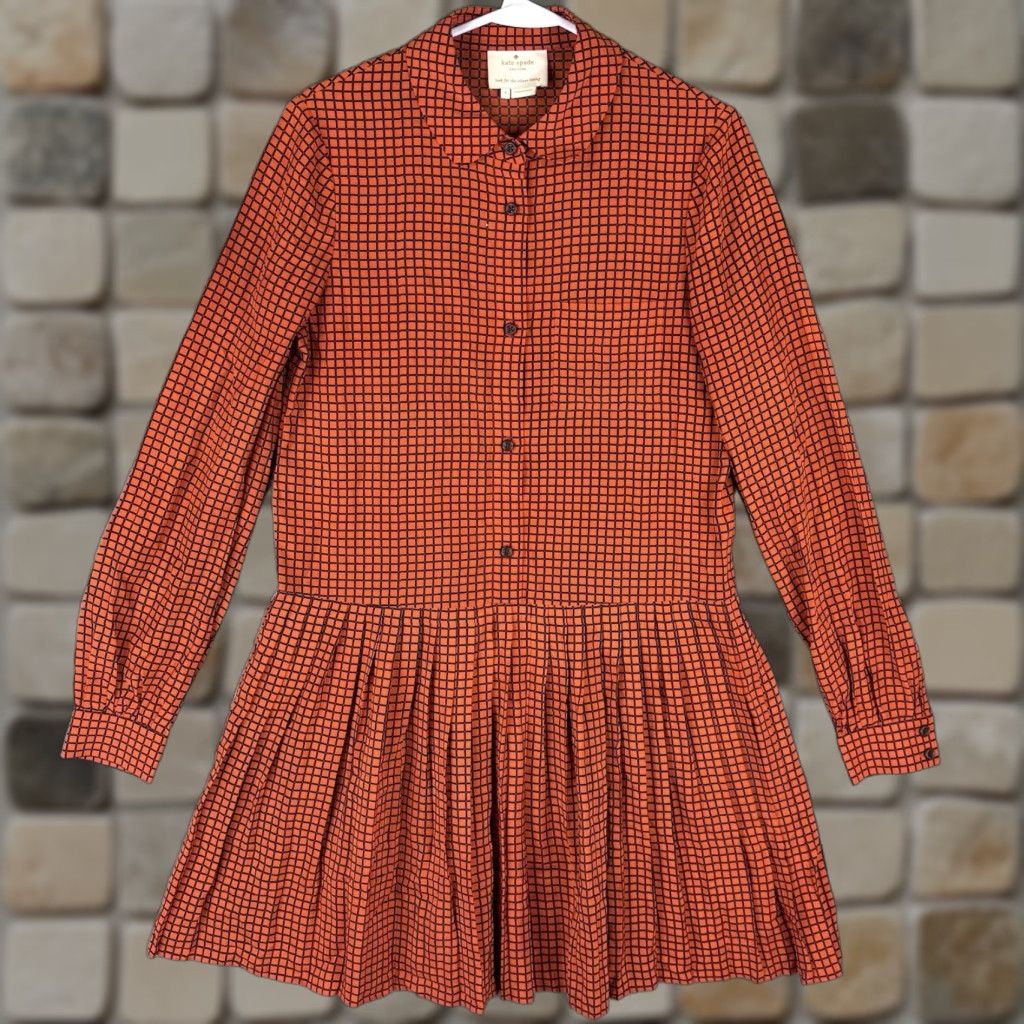 Vintage kate spade new york Checkered Long Sleeve Button Up Pleated Dress Shirt Dress Size 4 Orange Satin Polyester Knee Length Womens Party/Cocktail Size S / US 4 / IT 40 - 1 Thumbnail