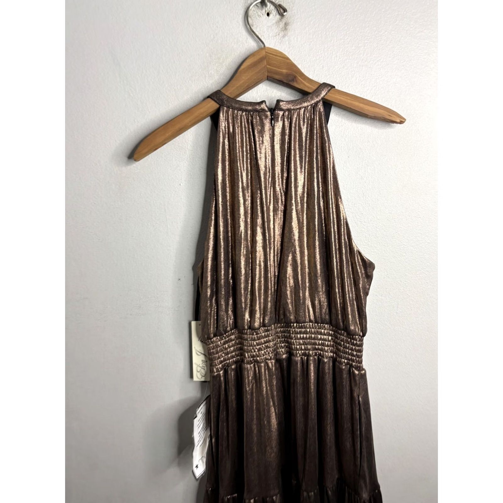 Vintage Eliza J Dress Womens 10 Halter Maxi Sleeveless Evening Gown Bronze Metallic Party Formal Wedding Size L / US 10 / IT 46 - 6 Thumbnail