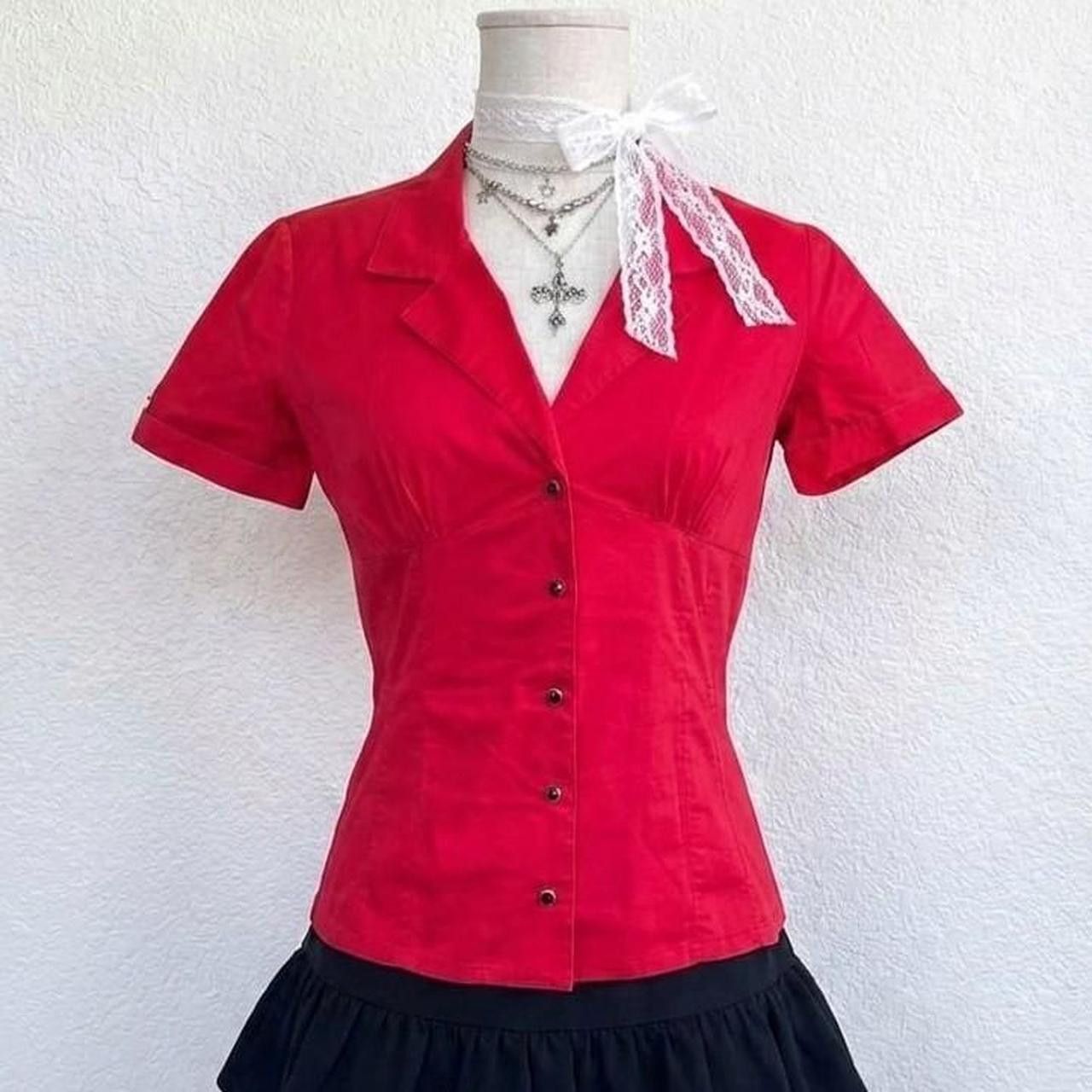 Japanese Brand Y2k fitted red collared blouse, snaps closure, slim, 00s Size M / US 6-8 / IT 42-44 - 3 Thumbnail