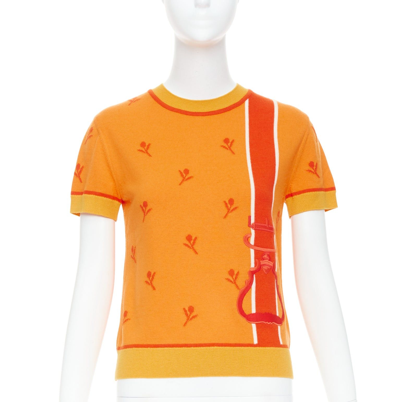 Hermes HERMES 2024 Etriers orange wool cashmere floral embroidered sweater FR36 S Size S / US 4 / IT 40 - 1 Thumbnail