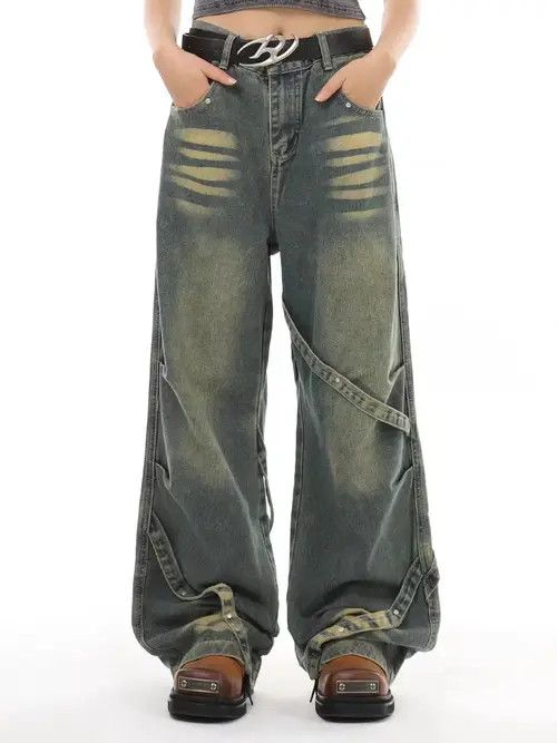VIBE Vintage washed heavy-duty patchwork wide-leg jeans Size US 30 / EU 46 - 2 Thumbnail
