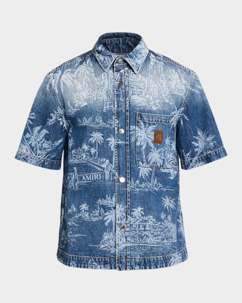 Amiri os11x0526 Chateau Palms Denim Short-Sleeve Shirt in Blue Size US XL / EU 56 / 4 - 1 Preview