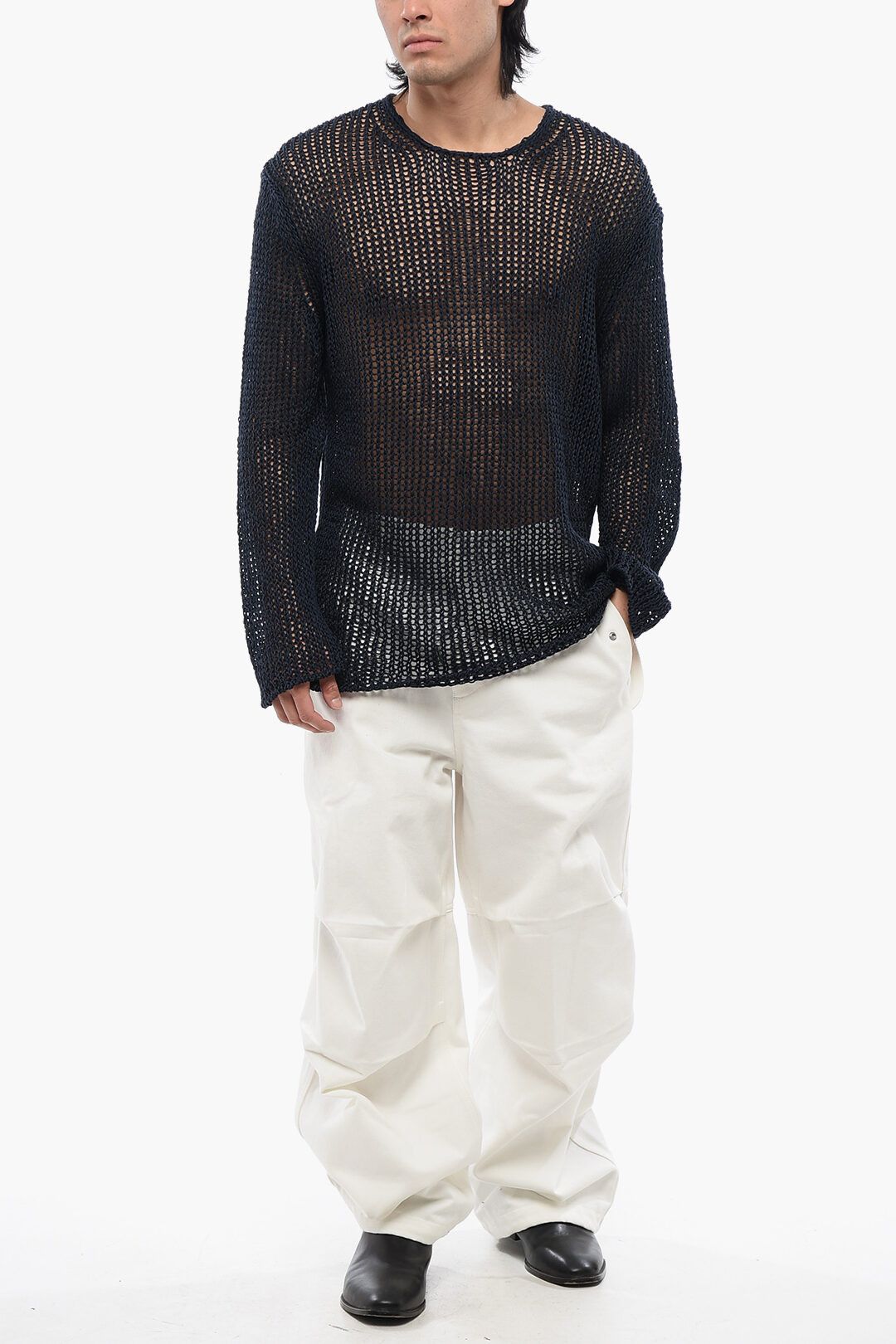 Jil Sander og1mm0625 Crewneck Openwork Cotton Sweater in Blue Size US S / EU 44-46 / 1 - 4 Thumbnail
