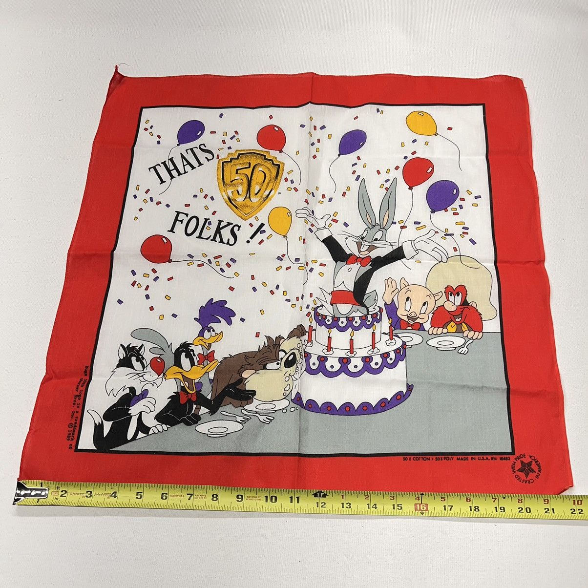 Vintage × Warner Bros VTG Looney Tunes Bandana Handkerchief Bugs Bunny 50th Size ONE SIZE - 13 Thumbnail