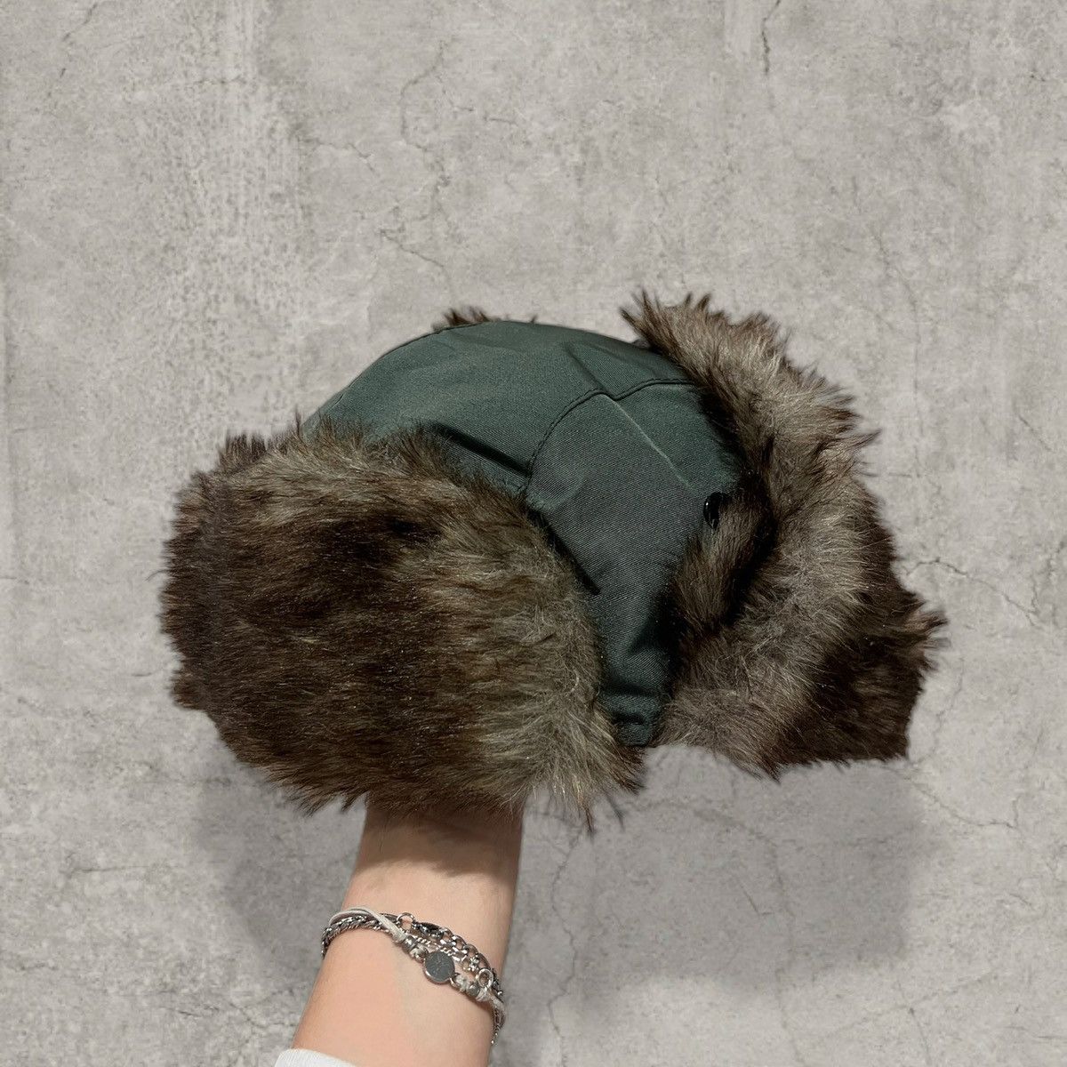 Japanese Brand Russian Ushanka fluffy winter hat in dark green. One size Size ONE SIZE - 1 Thumbnail