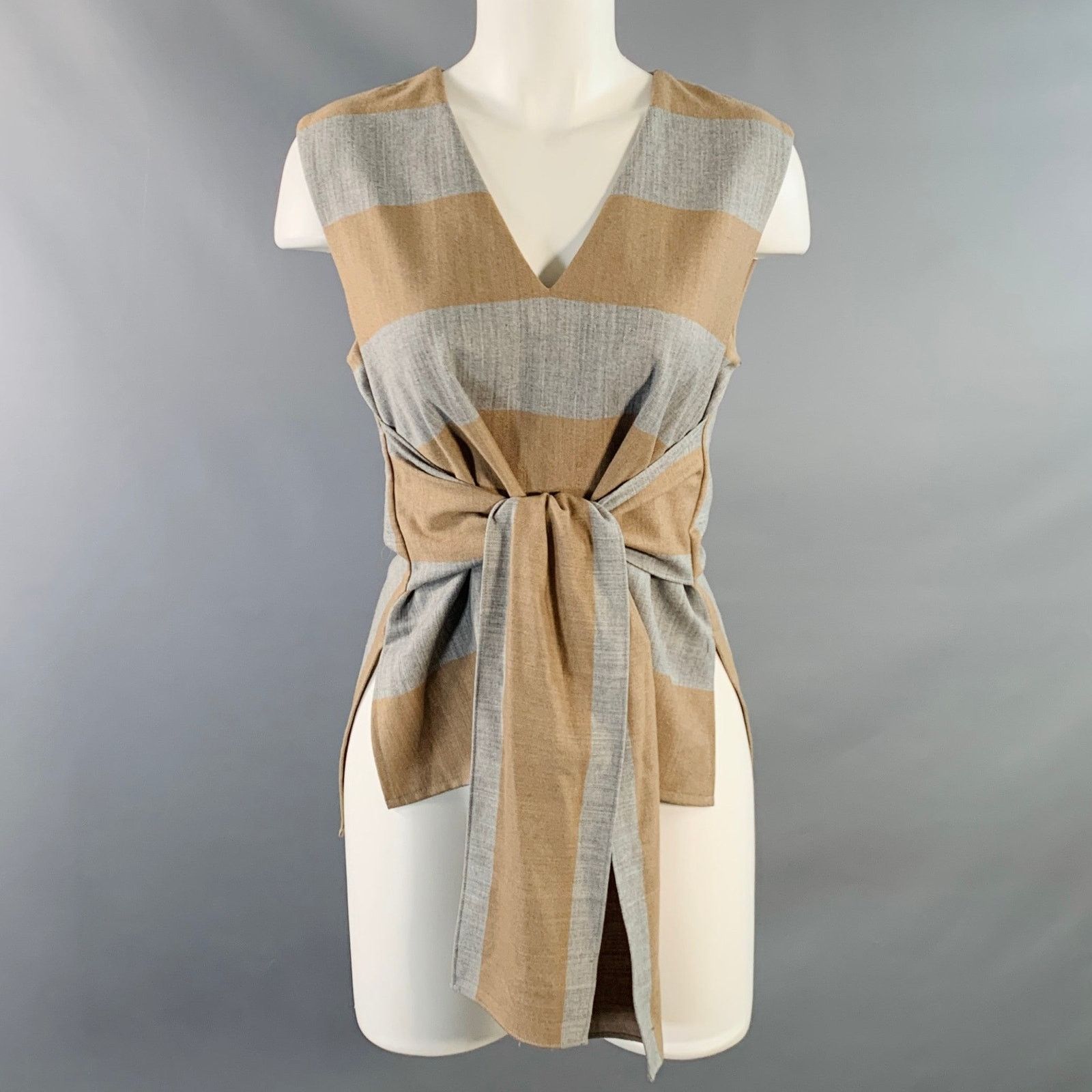 Size 2 Grey Tan Polyester Blend Stripe V-Neck Tie Casual Top