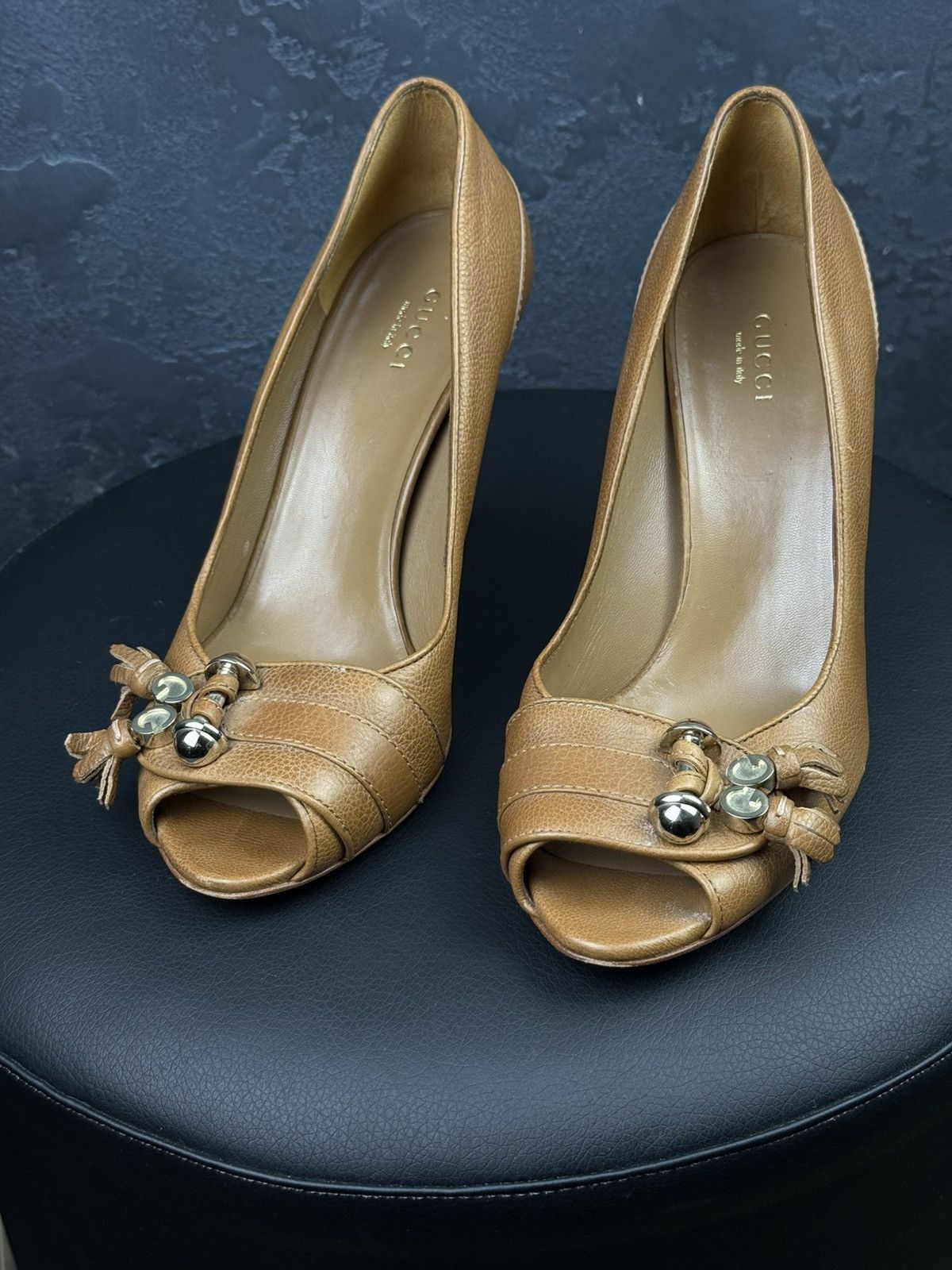 Gucci Gucci Brown Leather Marrakesh Tassel Peep Toe Pumps Size US 7 / IT 37 - 3 Thumbnail