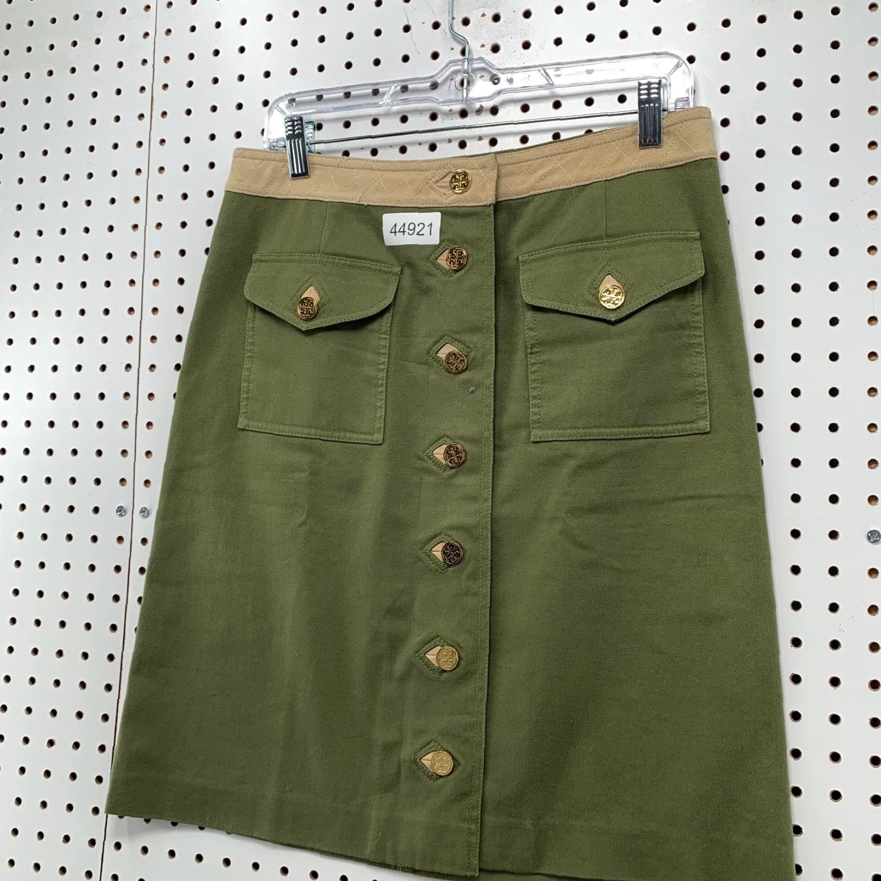 Tory Burch Skirt Womens 8 Cargo Pockets Military Green Gold Buttons Knee Length