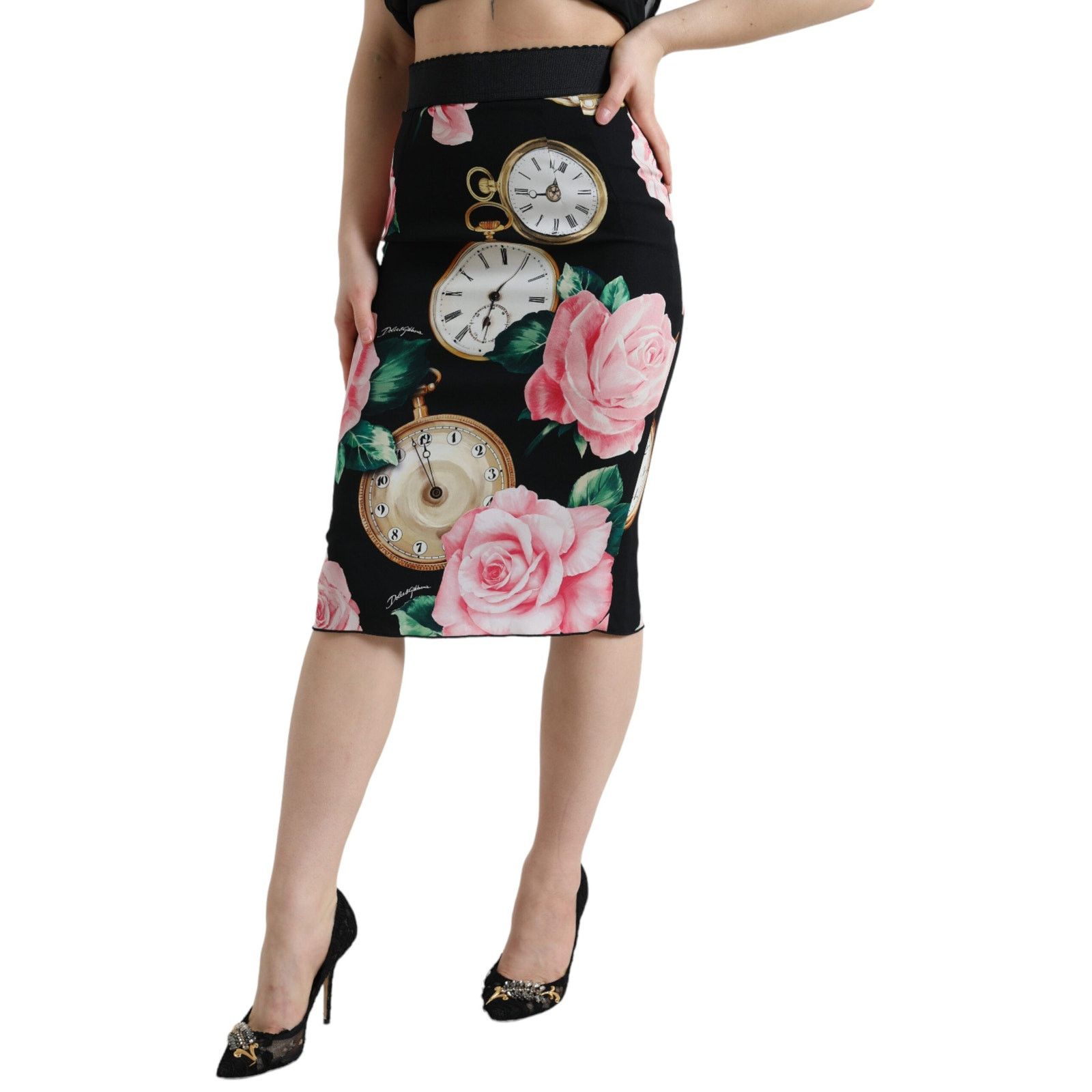 image of Dolce Gabbana Rose Clock High Waist Pencil Skirt Size S/ NWT in Black, Women's