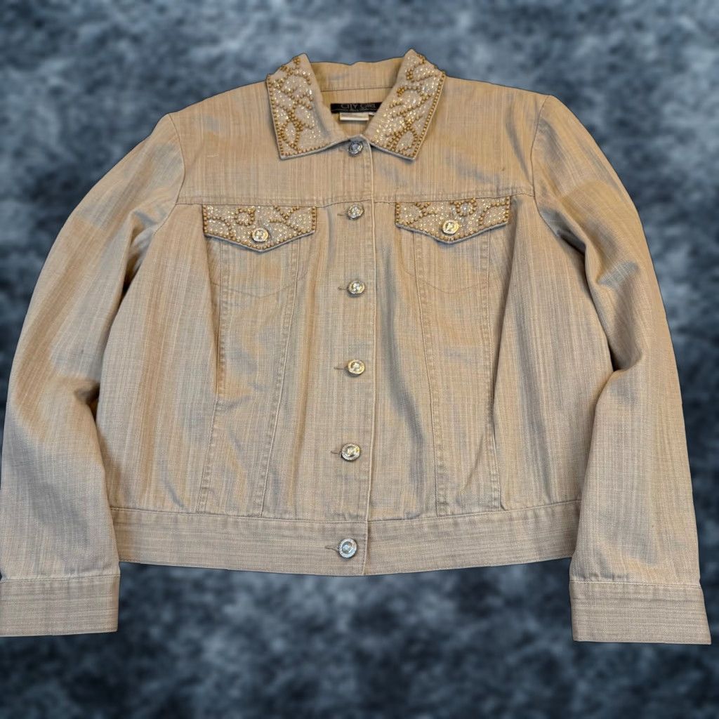 Vintage VINTAGE City Girl Nancy Bolen Tan Beaded Denim Jacket and Pants Set Womens Size Large Size 36" / US 14 / IT 50 - 1 Thumbnail