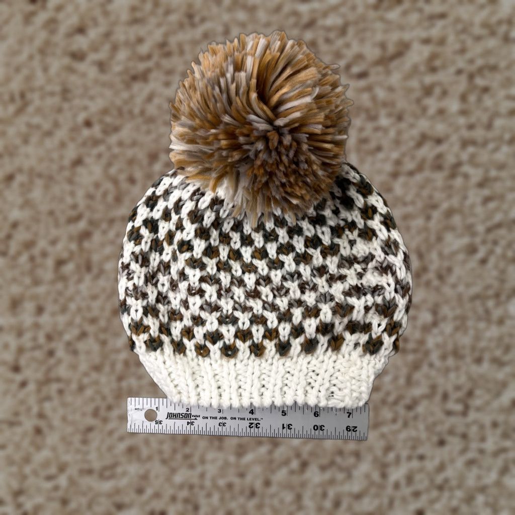 Vintage VINTAGE Transformco Beanie Toque Womens One Size White Brown Knit Check 100% Acrylic Pom Size ONE SIZE - 1 Thumbnail