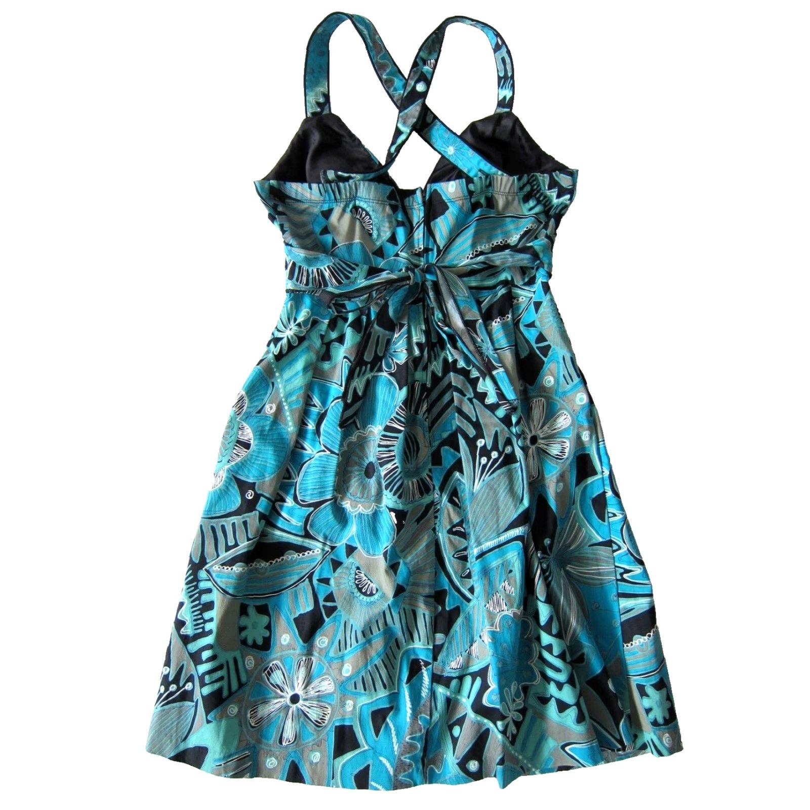 Vintage Corey P. Blue Black Floral Tank Dress 8 Sun Dress Knee Length Pockets Back Crisscross Empire Waist 8 Womens Vintage Size M / US 6-8 / IT 42-44 - 2 Thumbnail