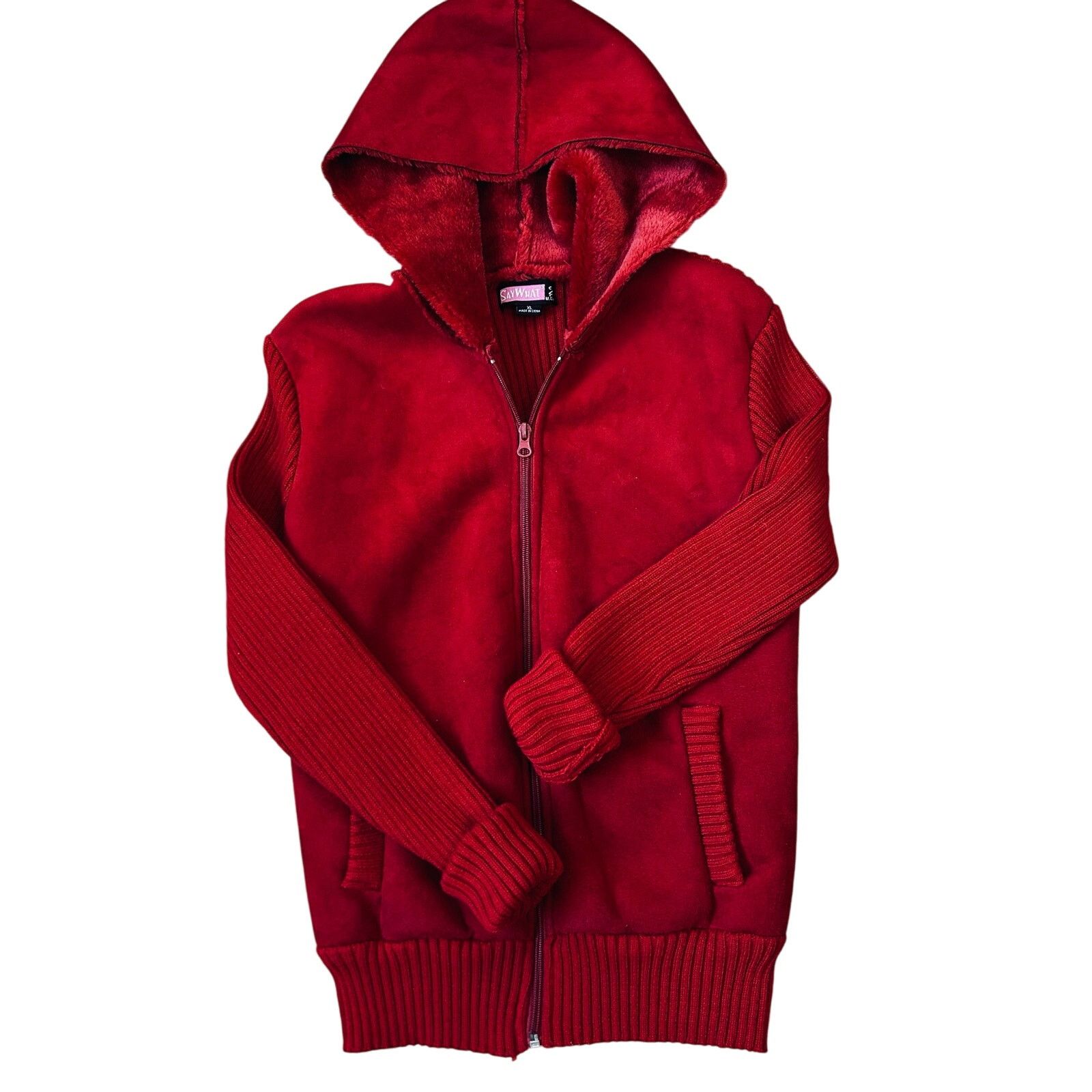 Vintage Y2K Cherry Red Faux Suede Leather Jacket Hood Knit Vintage Size L / US 10 / IT 46 - 1 Thumbnail