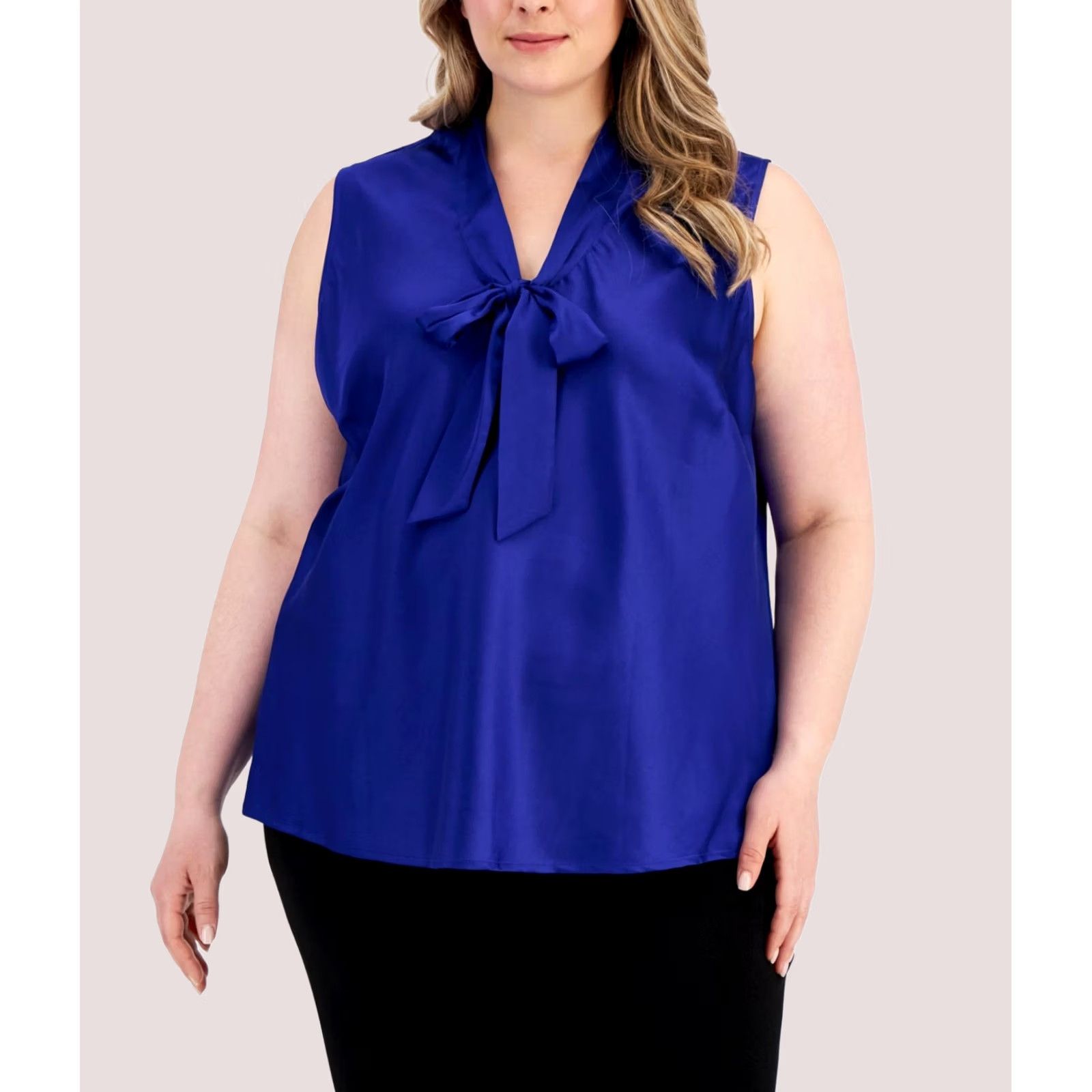 Kasper Kasper Womens Shell Blouse Blue Plus Size 2X Tie Neck Satin Sleeveless Size XXL / US 16-18 / IT 52-54 - 1 Preview
