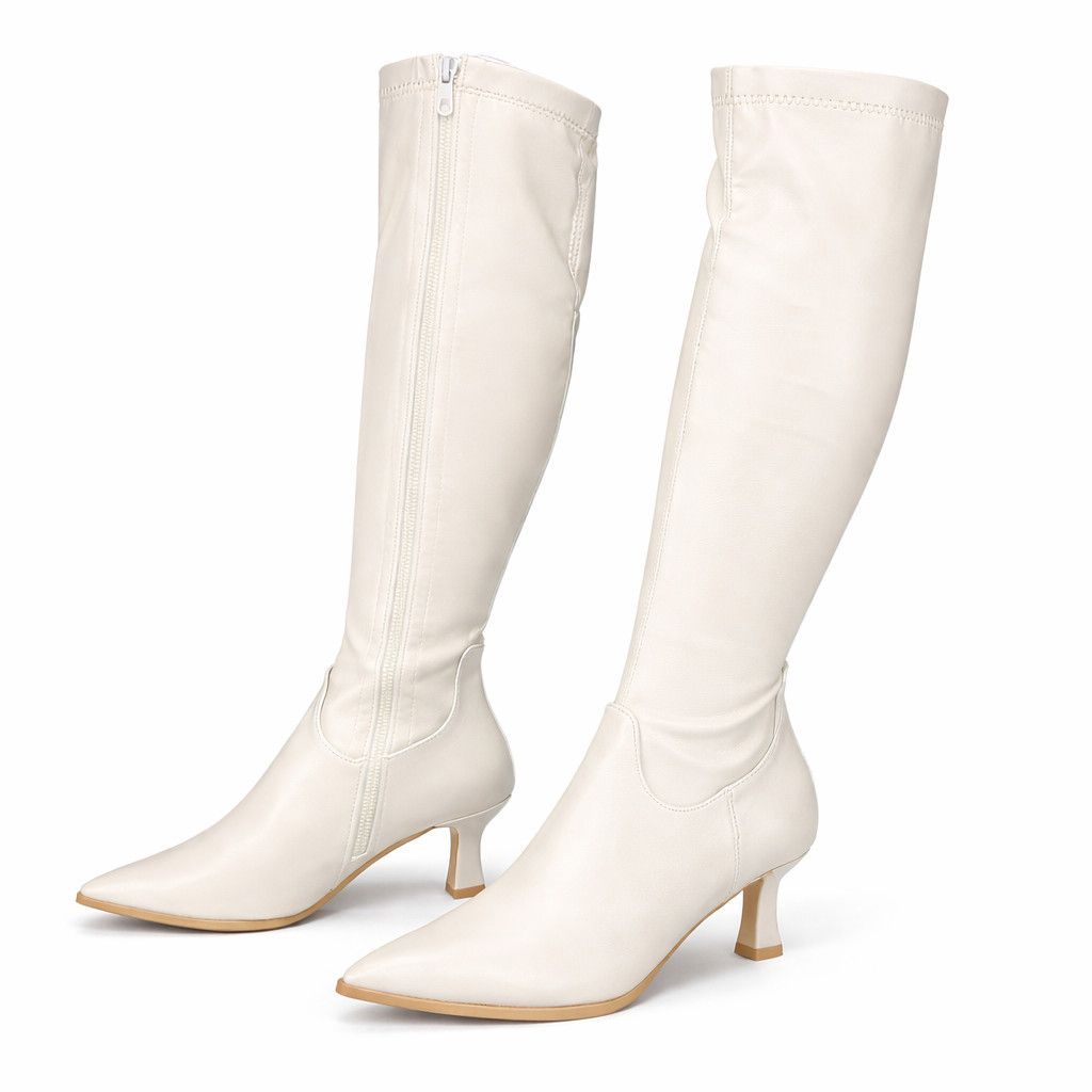 Other Kitty 2 White Stretch Matte Knee Boots 2.5" Kitten Heels Wid Size US 8 / IT 38 - 3 Thumbnail