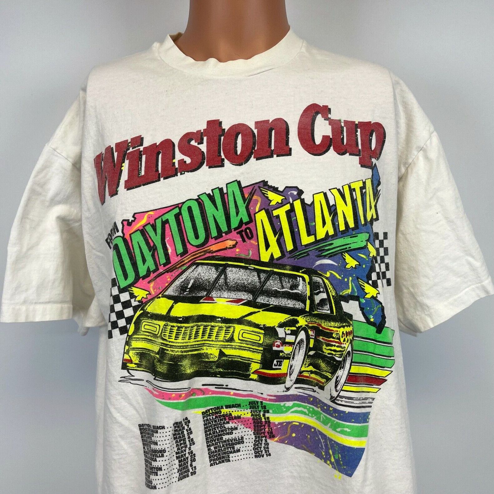 image of Hanes Nascar Winston Cup From Daytona To Atlanta Single Stitch T Shirt VTG 90's Size XL in White