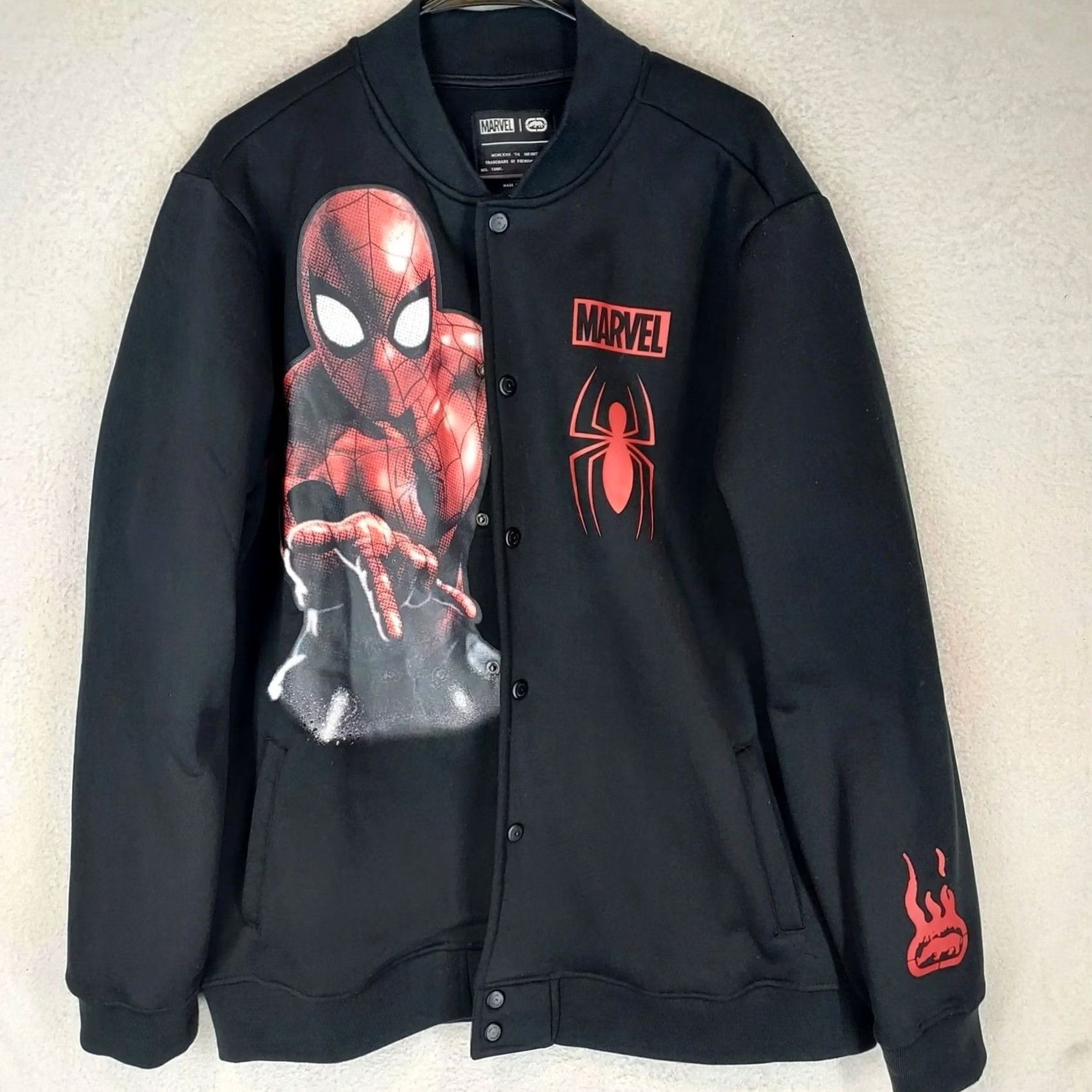 Ecko Unltd. Ecko Unltd Marvel Spider-Man Varsity Bomber Jacket Men’s XL Black NWT Logo Button Mid-Length Polyester Fleece Jacket Size US XL / EU 56 / 4 - 2 Thumbnail