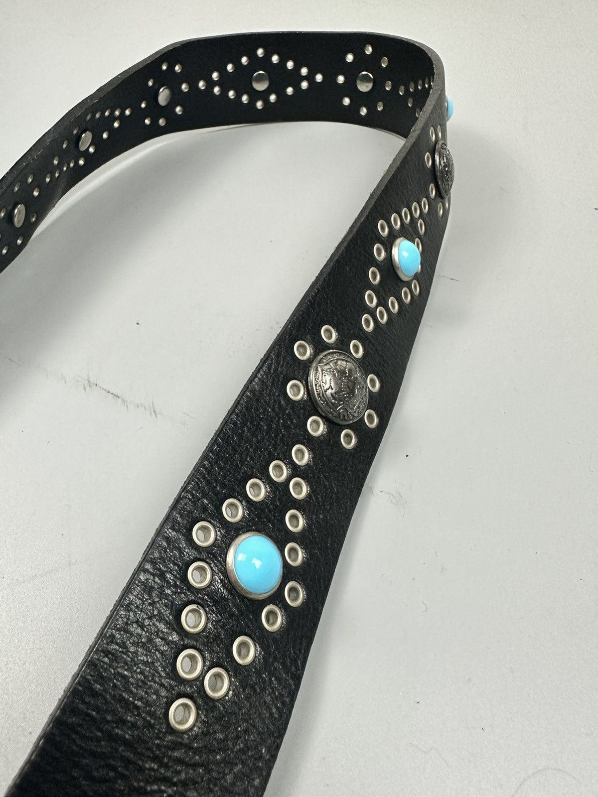 Handmade HTC Inspired Black Leather Stud and Turquoise Stone Belts Size 34 - 8 Thumbnail
