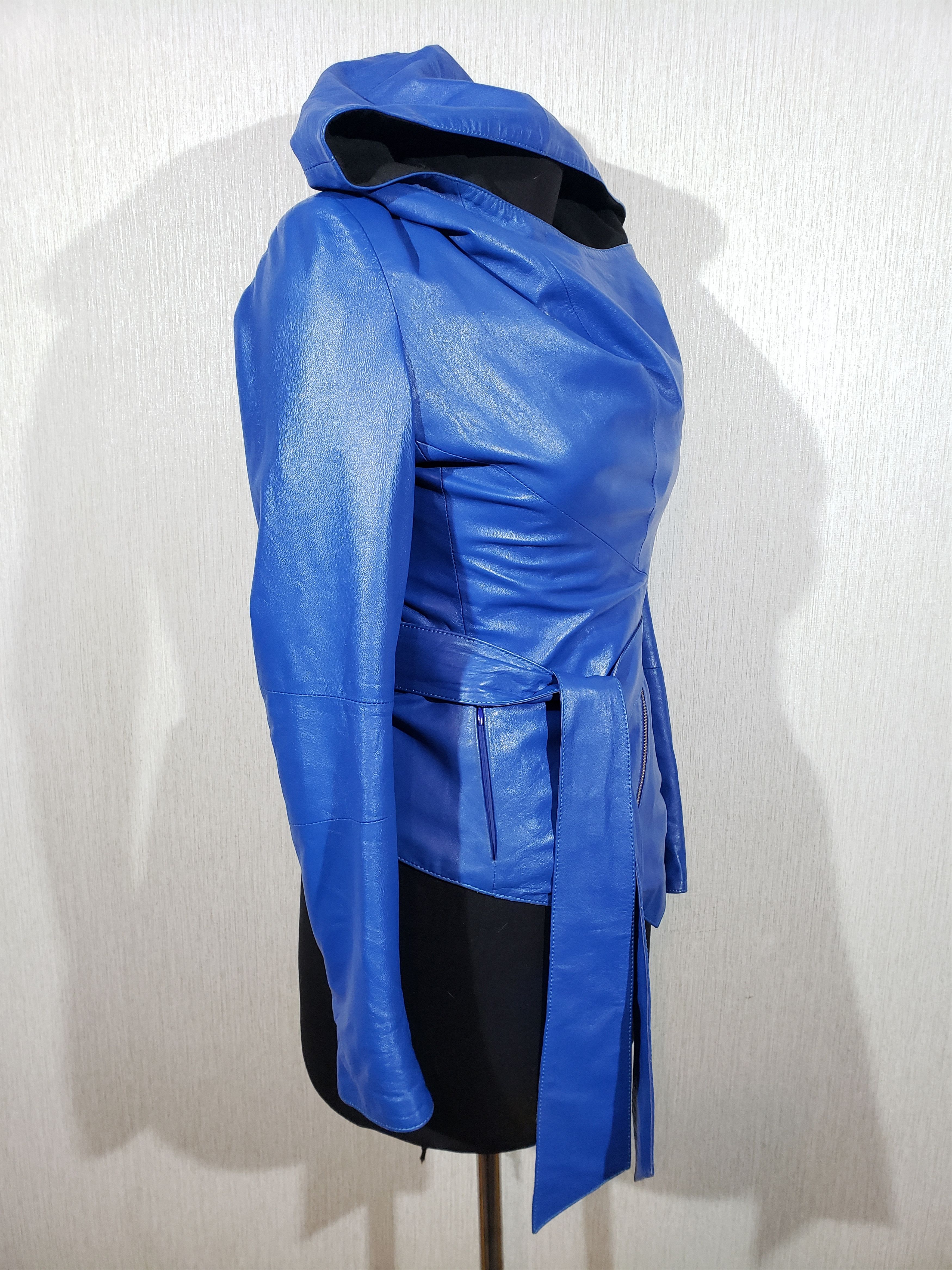 Other Stylish blue leather jacket for women with a hood. Size S / US 4 / IT 40 - 3 Thumbnail