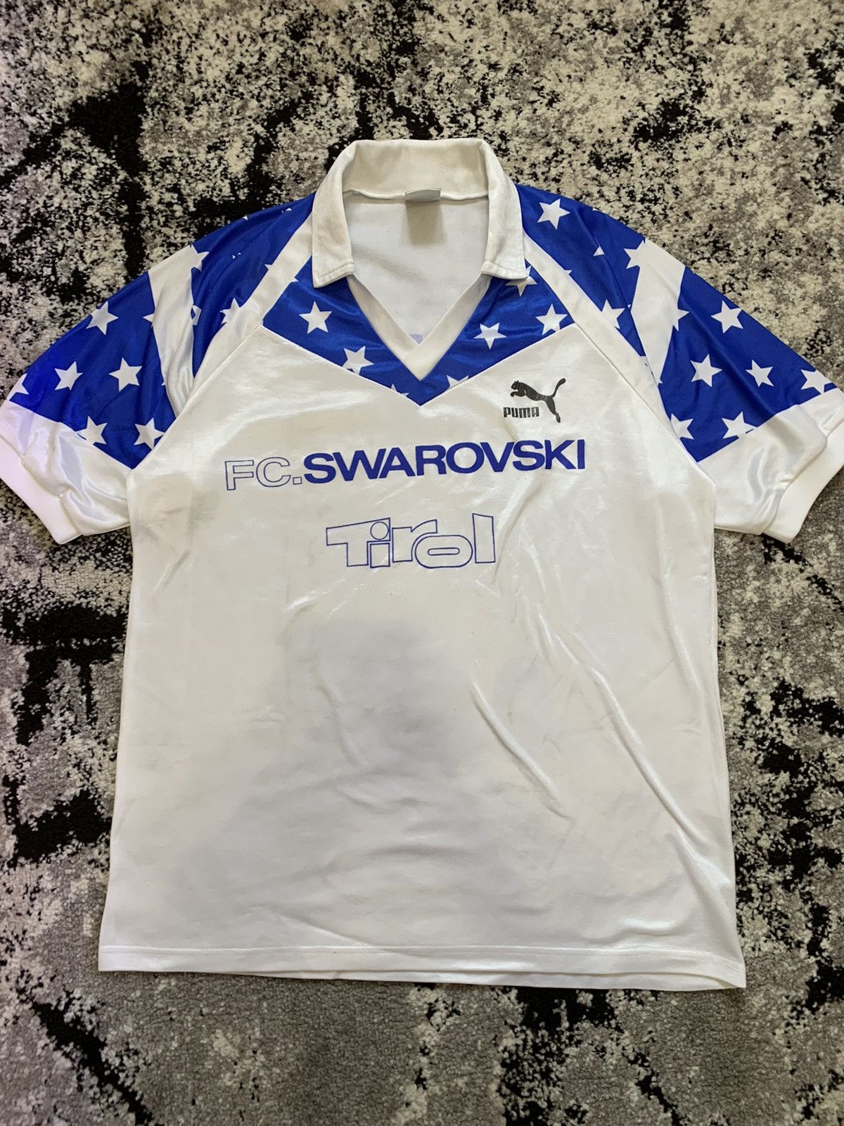 image of 1991-92 Puma Swarovski Tirol Home Shirt - 6/10 in White/Blue, Men's (Size Large)