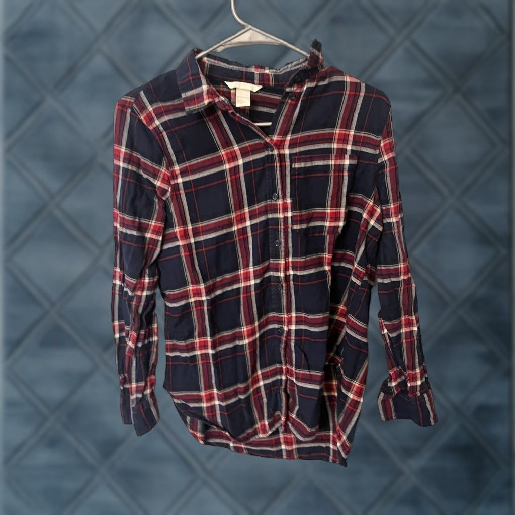 H&M H&M Womens Plaid Button-Up Top Navy/Multi Size 6 Size M / US 6-8 / IT 42-44 - 1 Thumbnail