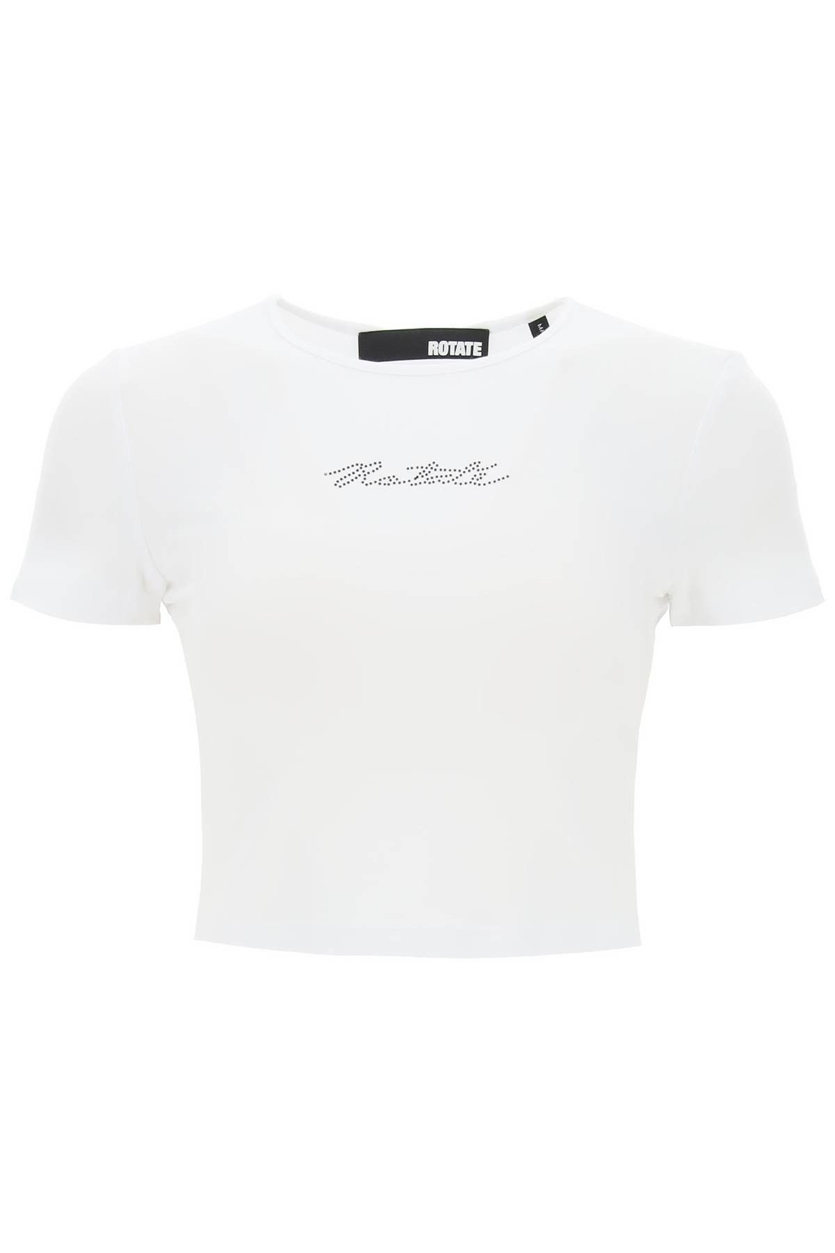 image of Rotate Birger Christensen Rotate Cropped T-Shirt With Rhinestone Logo in Bright White, Women's (Siz
