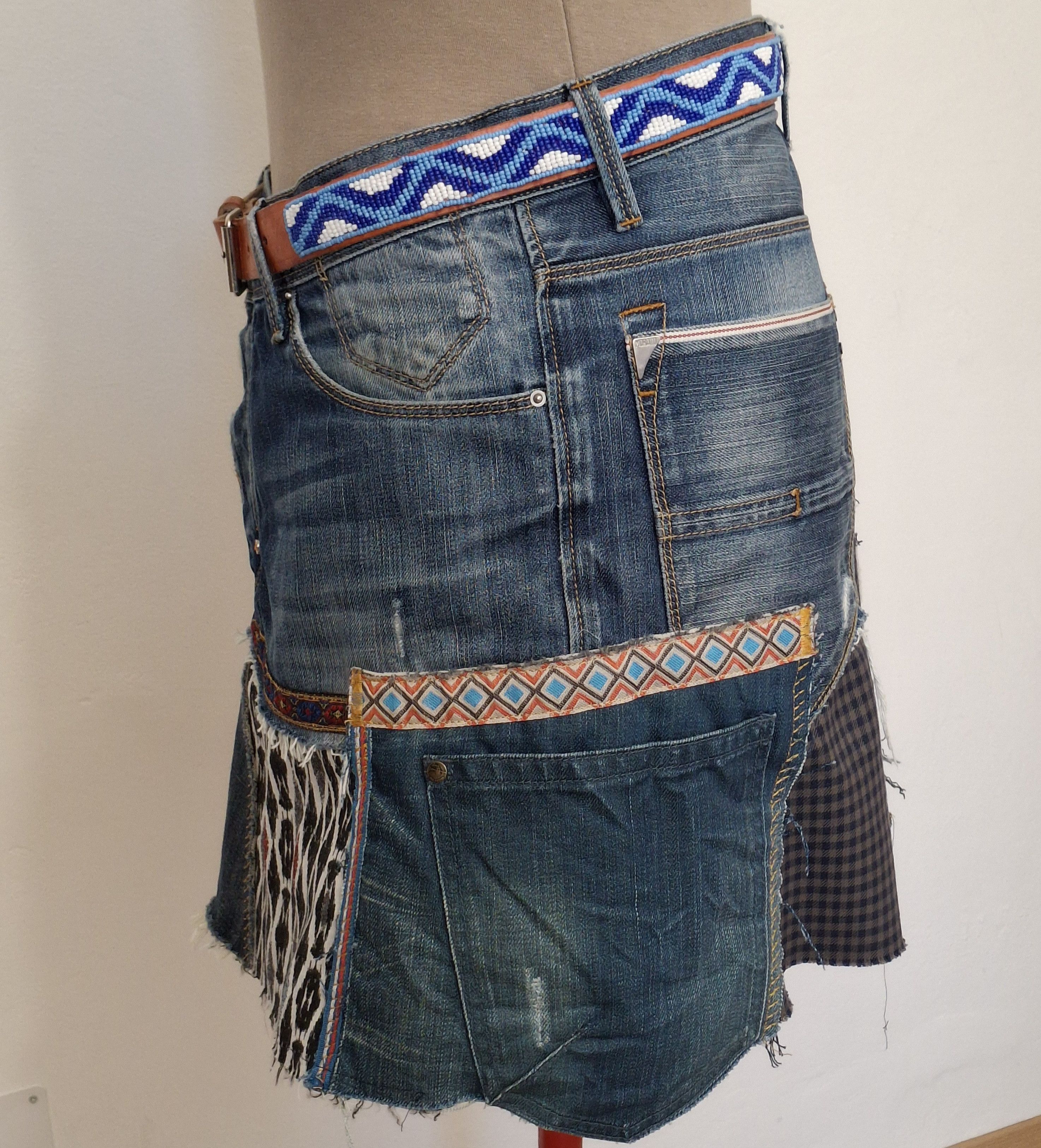 Handmade Custom Deconstructed 2000s Italian Denim Mini Skirt Size 33" - 2 Thumbnail