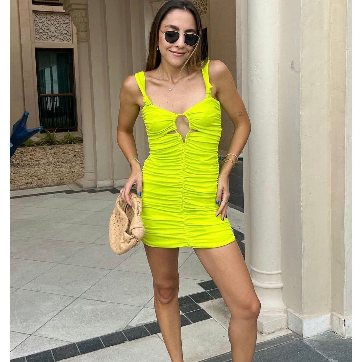 Zara ZARA SHORT DRESS WITH RUCHING LIME GREEN Size S / US 4 / IT 40 - 3 Thumbnail