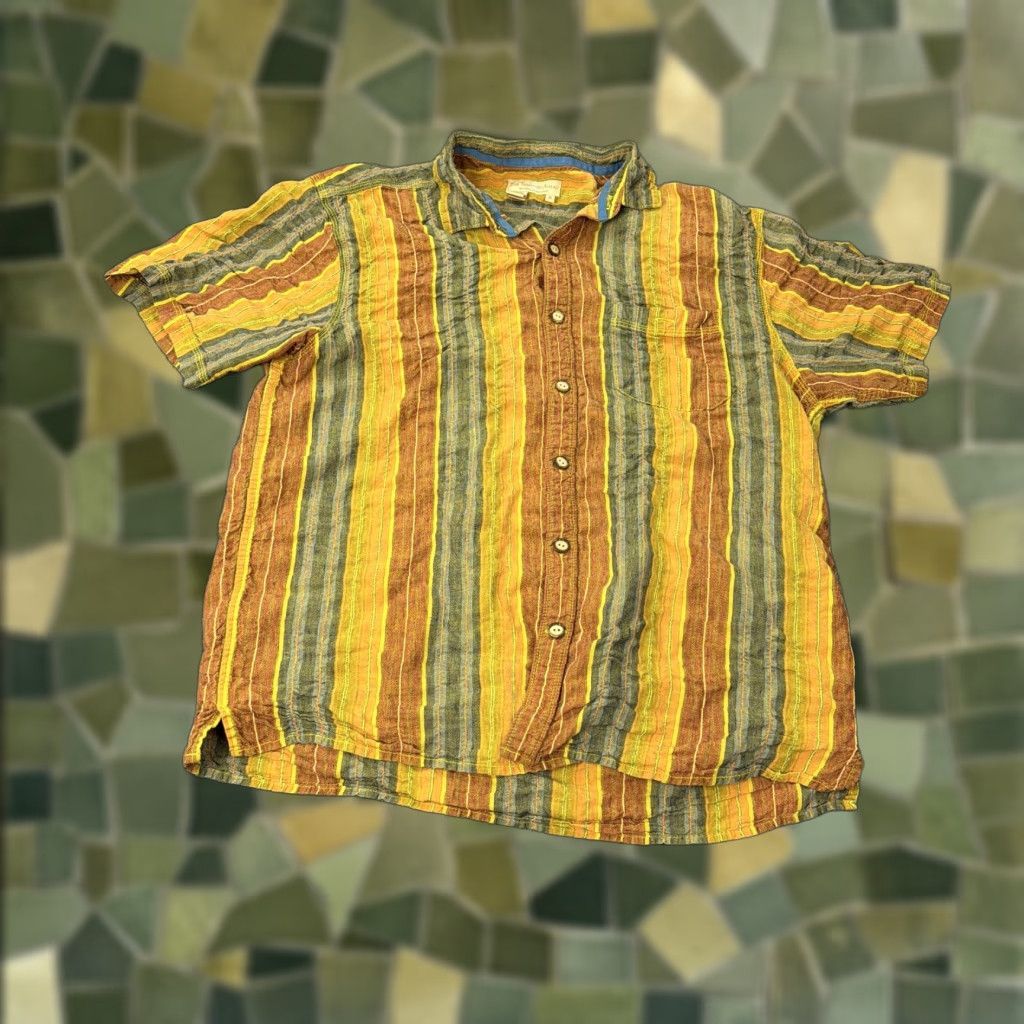 The Territory Ahead The Territory Ahead Shirt Mens XL Yellow Green Stripe 100% Linen Short Sleeve Size US XL / EU 56 / 4 - 1 Thumbnail