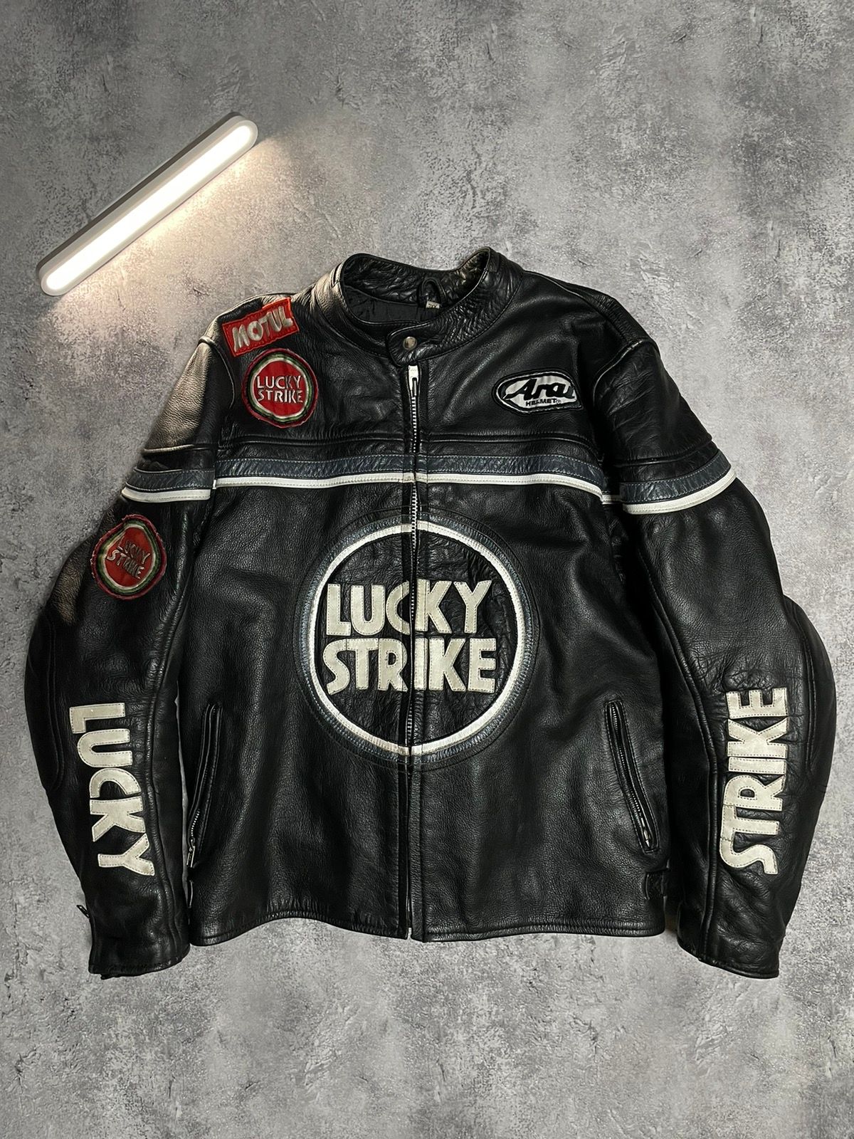 Pre-owned Leather Jacket X Racing Vintage Lucky Strike Racing Leather Suede Biker Jacket In Black/brown