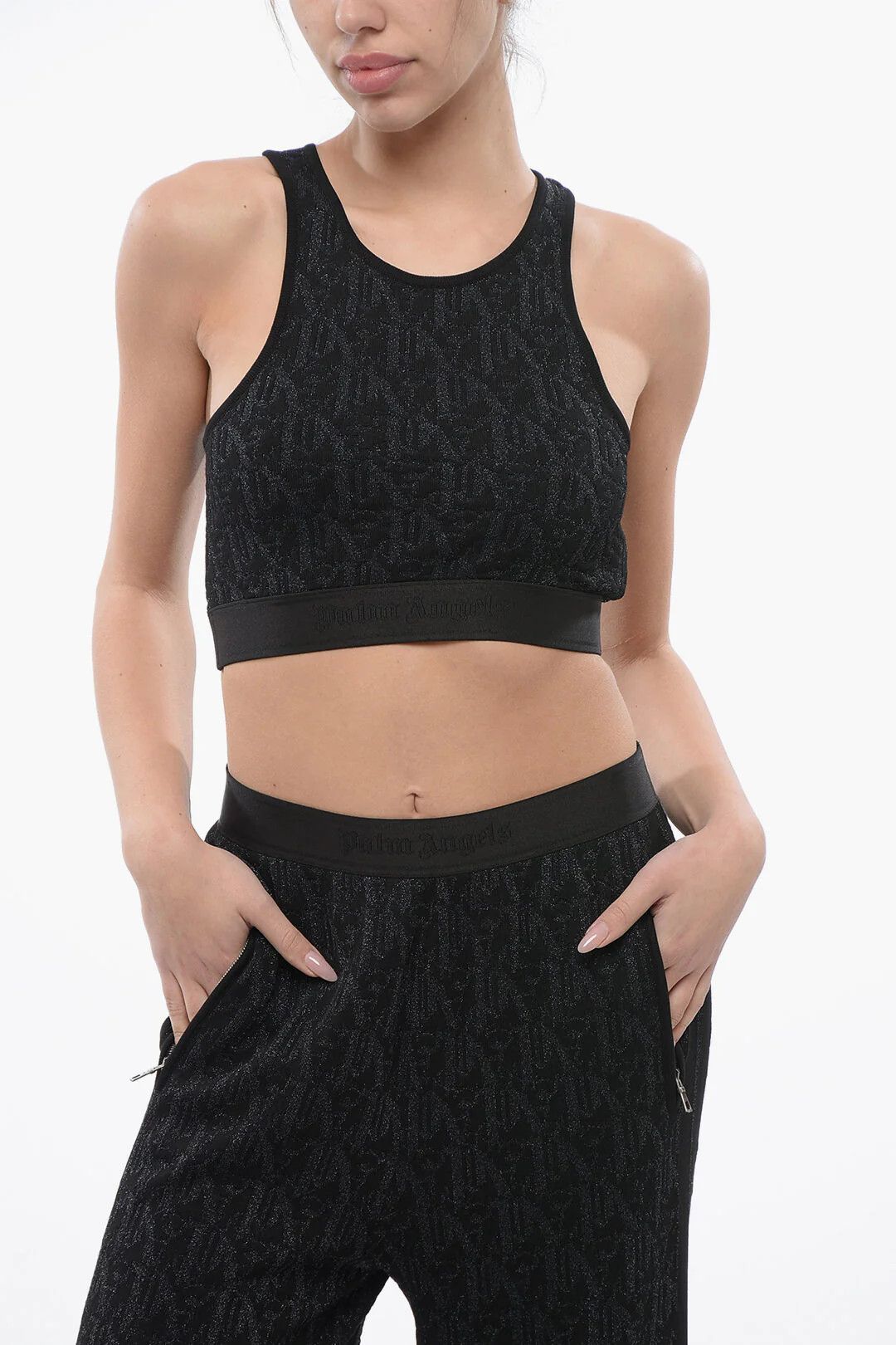 Palm Angels og1mm0326 Lurex Monogram Crop Top in Black Size M / US 6-8 / IT 42-44 - 1 Thumbnail