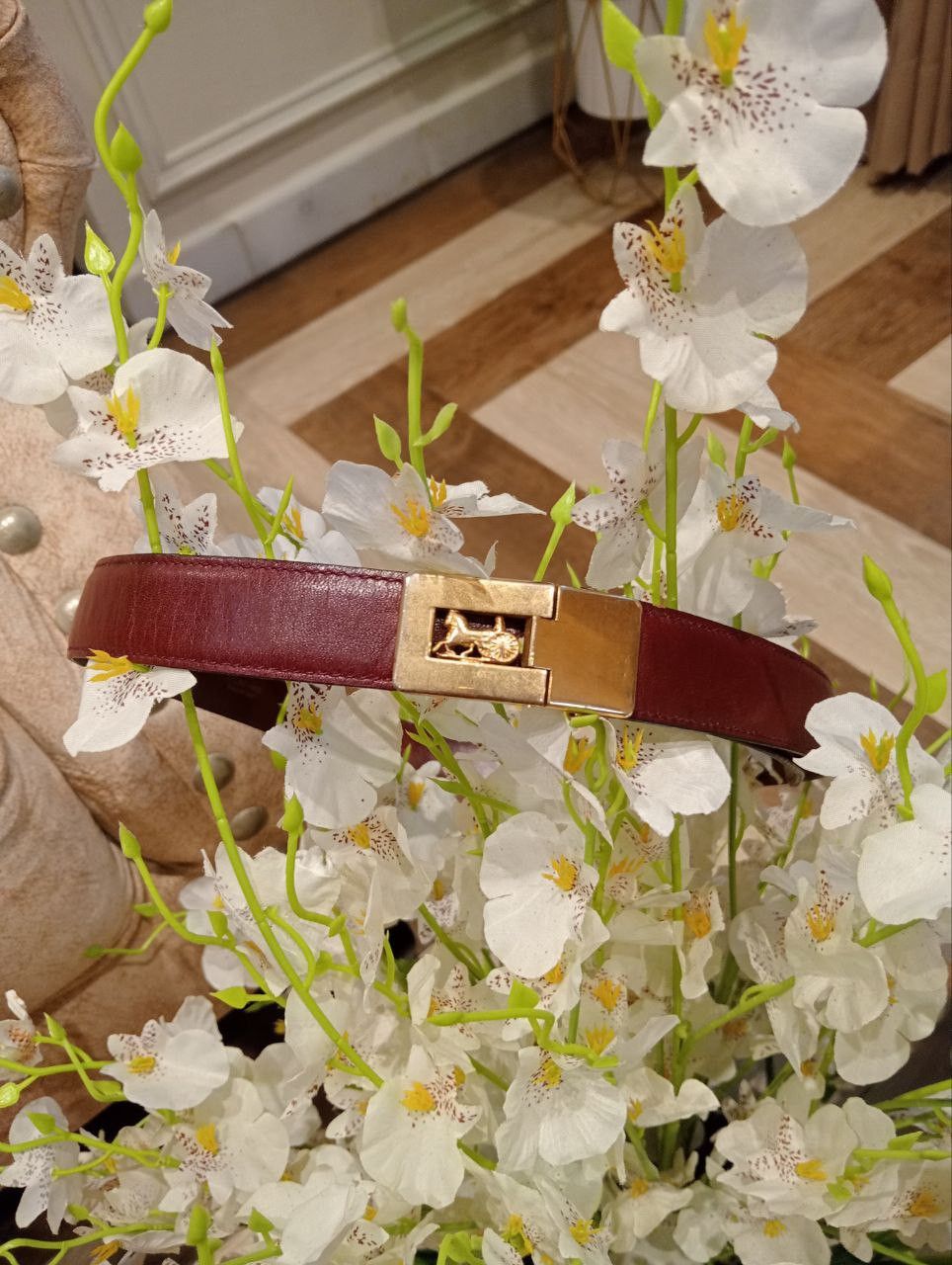 Celine VTG CELINE LEATHER BELT - BURGUNDY WITH GOLD COLOUR BUCKLE Size ONE SIZE - 1 Thumbnail