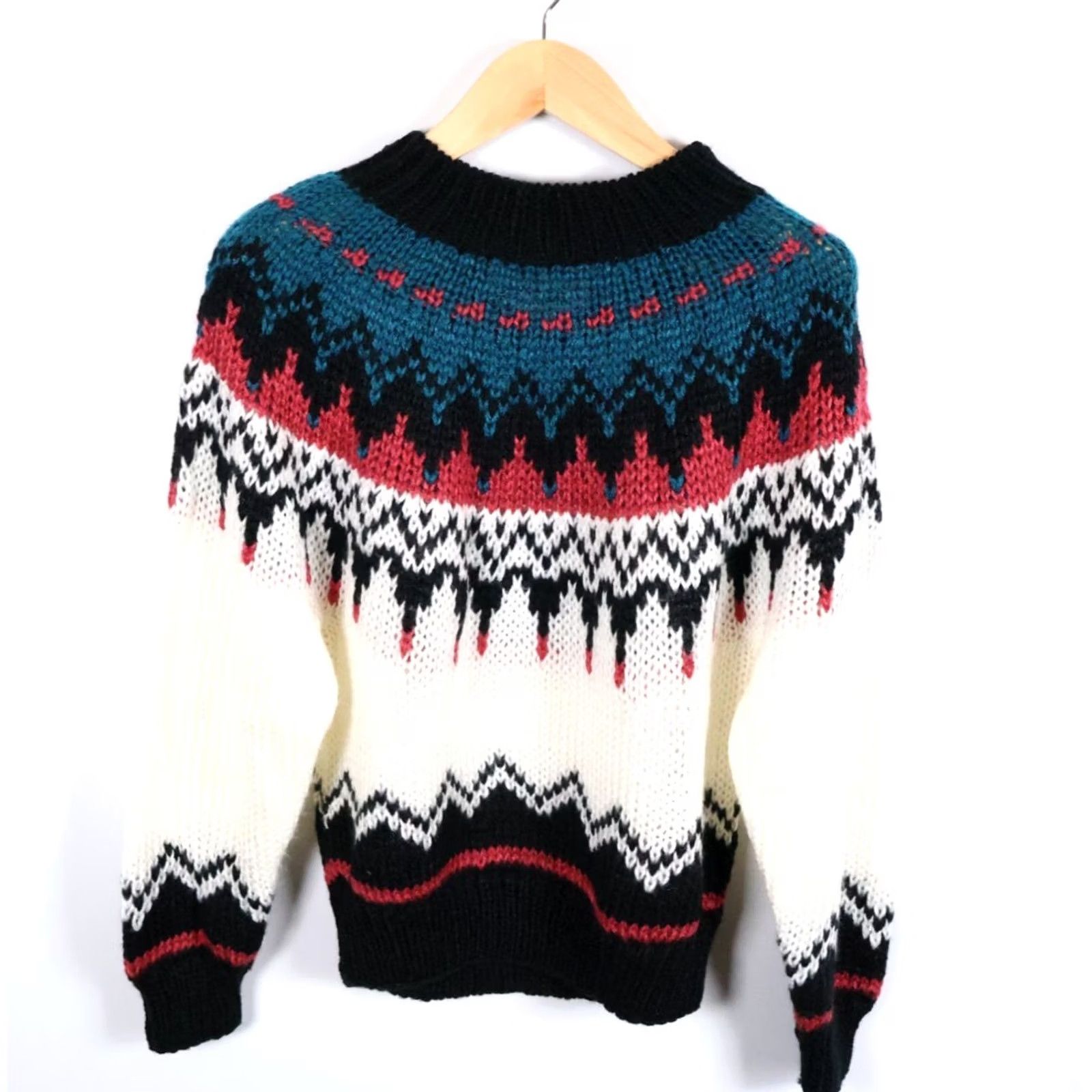 Vintage VINTAGE Ivy Hand Knit Sweater Women's Medium Green Pink Fair Isle Chunky Acrylic Crew Neck Long Sleeve Pullover Casual 80s 90s Retro Ski Womens Size M / US 6-8 / IT 42-44 - 2 Thumbnail