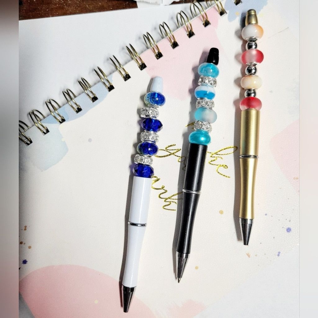 Handmade Set of 3x Large Beaded Pens in Black, White, and Gold. Size ONE SIZE - 1 Thumbnail