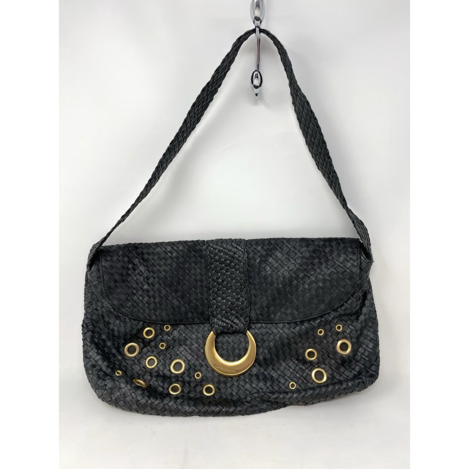 Vintage Elliott Lucca Black Leather Shoulder Bag Braided Grommet Hobo Bag Flap Medium Womens Size ONE SIZE - 2 Thumbnail