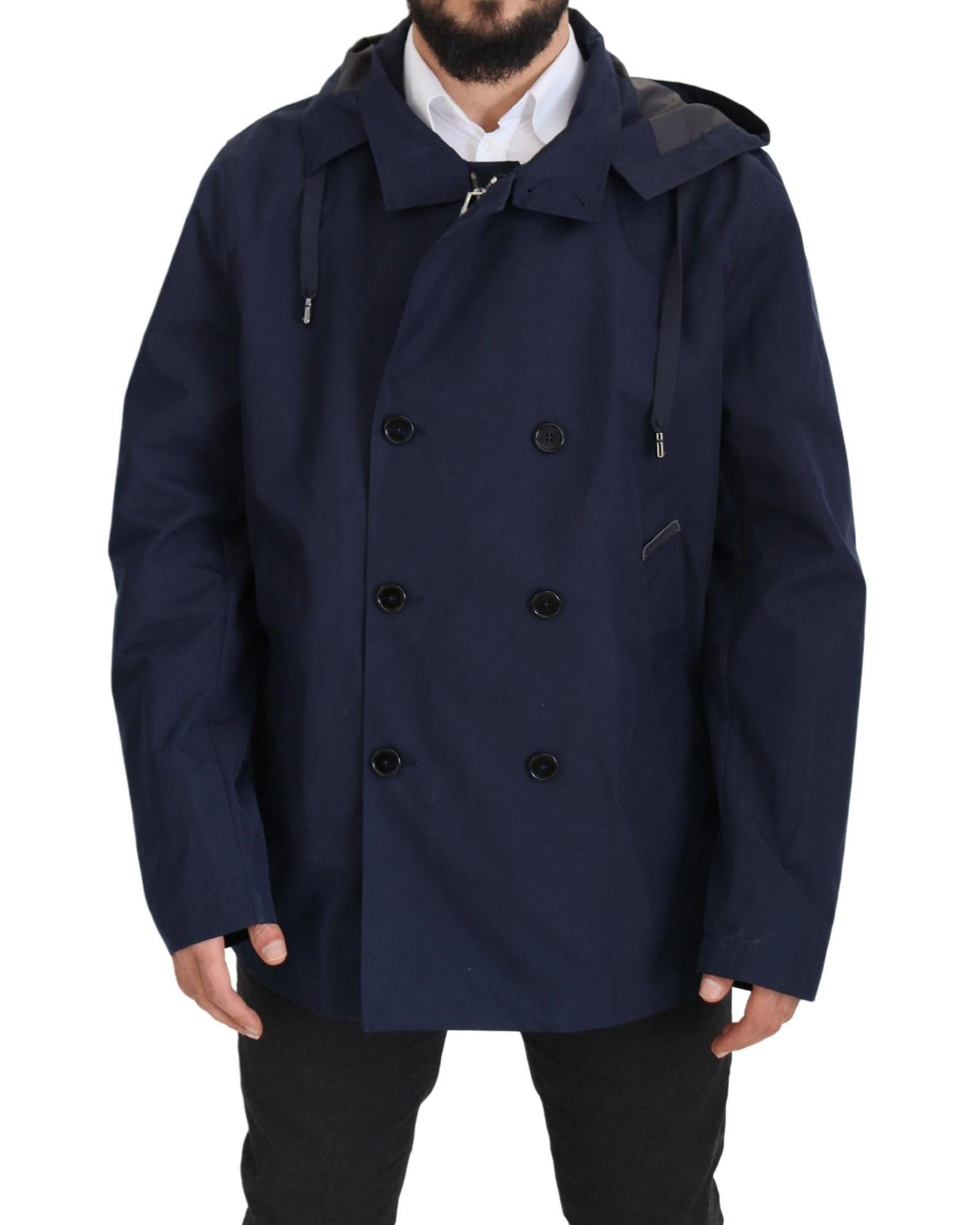 image of Dolce Gabbana Hooded Double Breasted Coat Jacket in Blue, Men's (Size 2XL)