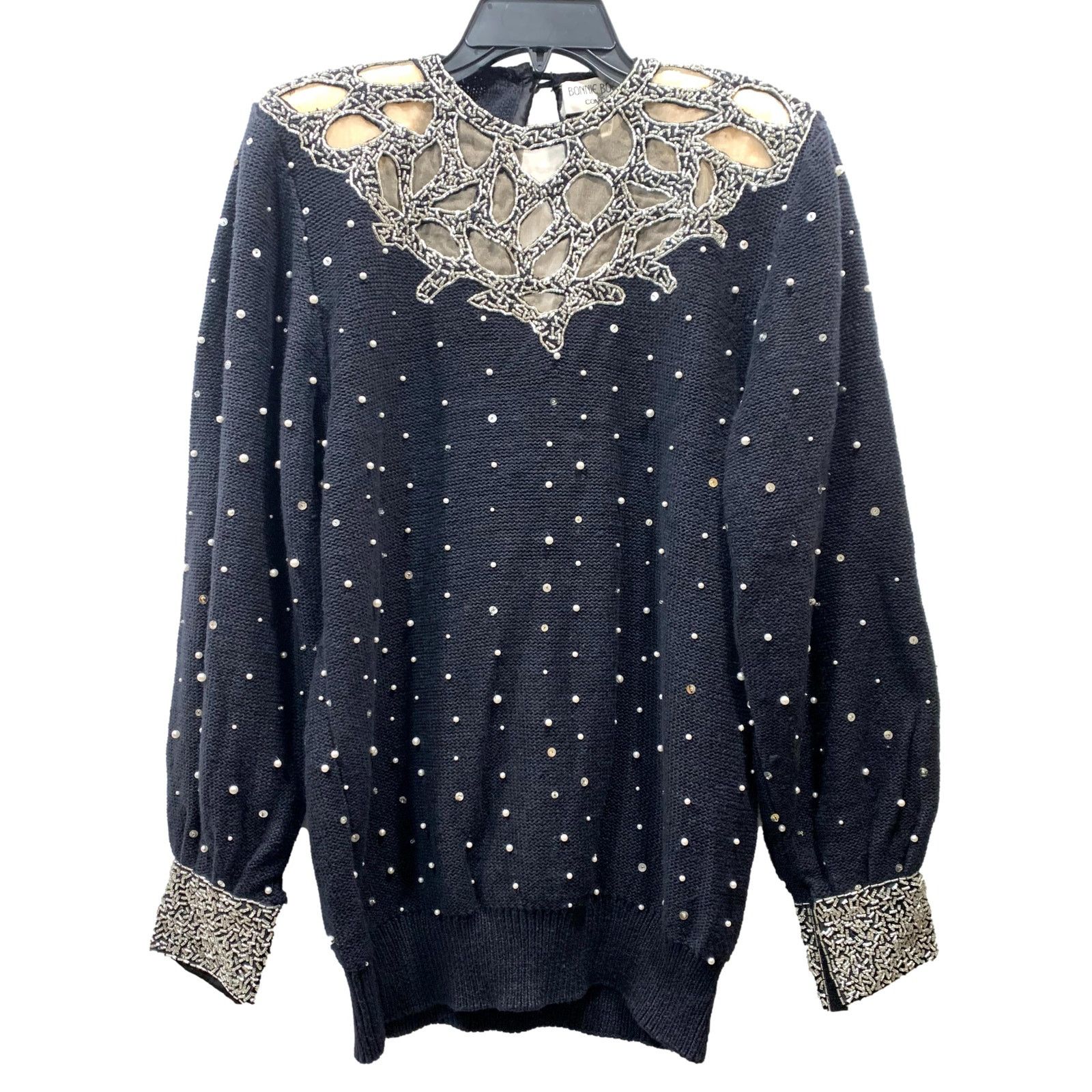 Vintage 80s Black Beaded Trophy Sweater w Pearls 1989 | S/M Size M / US 6-8 / IT 42-44 - 2 Thumbnail