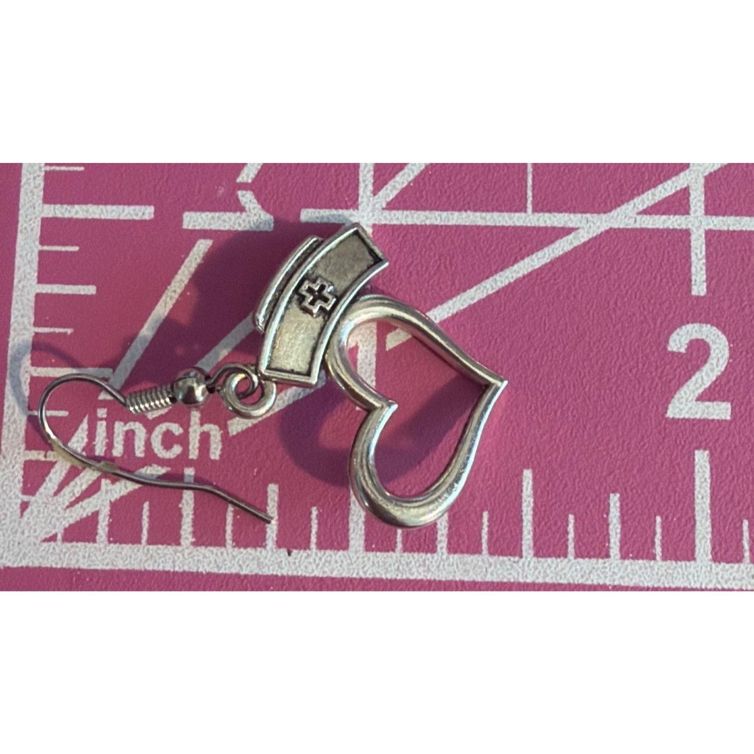 Other Nurse Hat Heart Silver Tone Dangle Hook Earrings Healthcare Size ONE SIZE - 4 Thumbnail