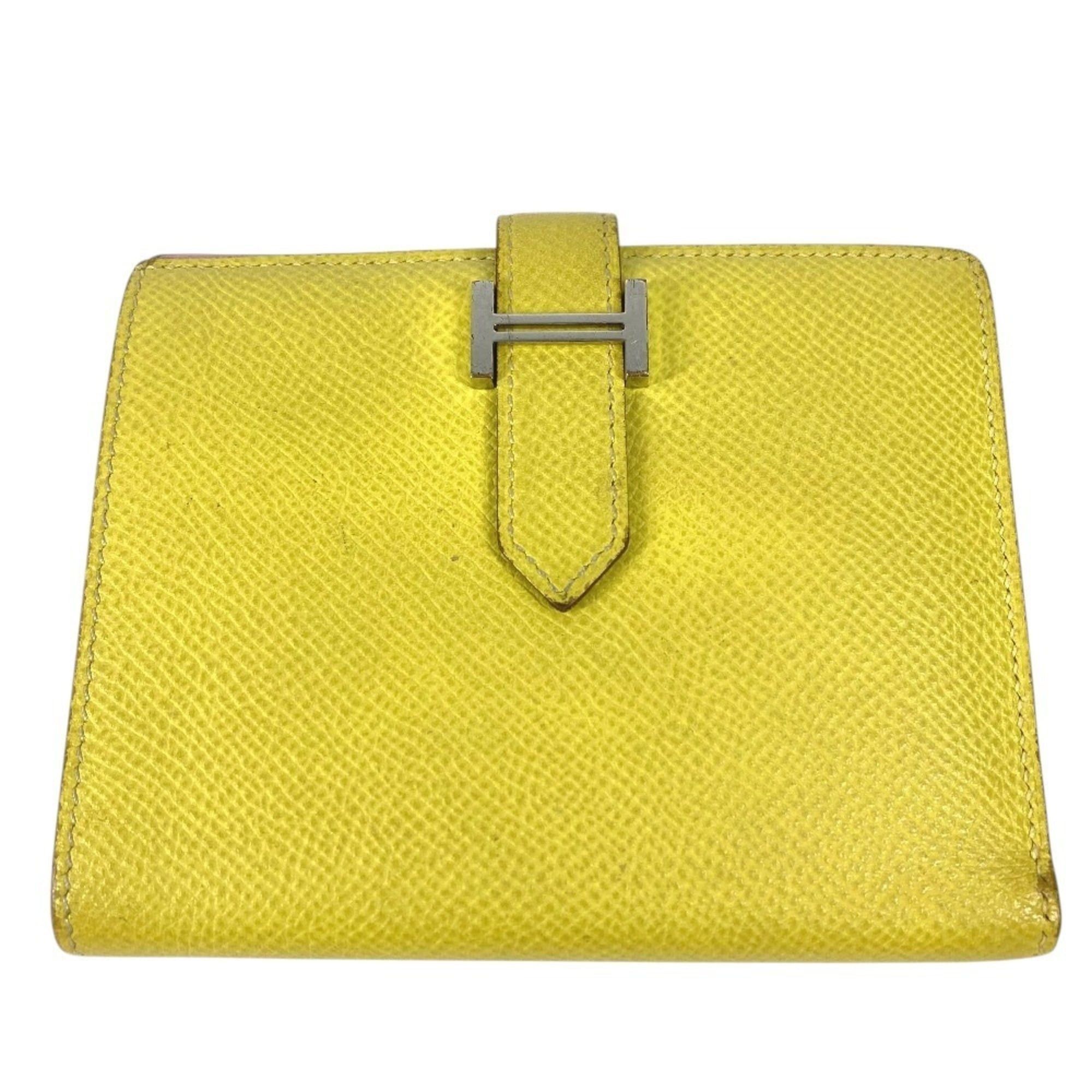 Hermes Hermes Bicolor Bearn Compact Verso H Logo Wallet Bi-fold Epsom Leather Men's Women's Yellow x Pink Size ONE SIZE - 1 Thumbnail