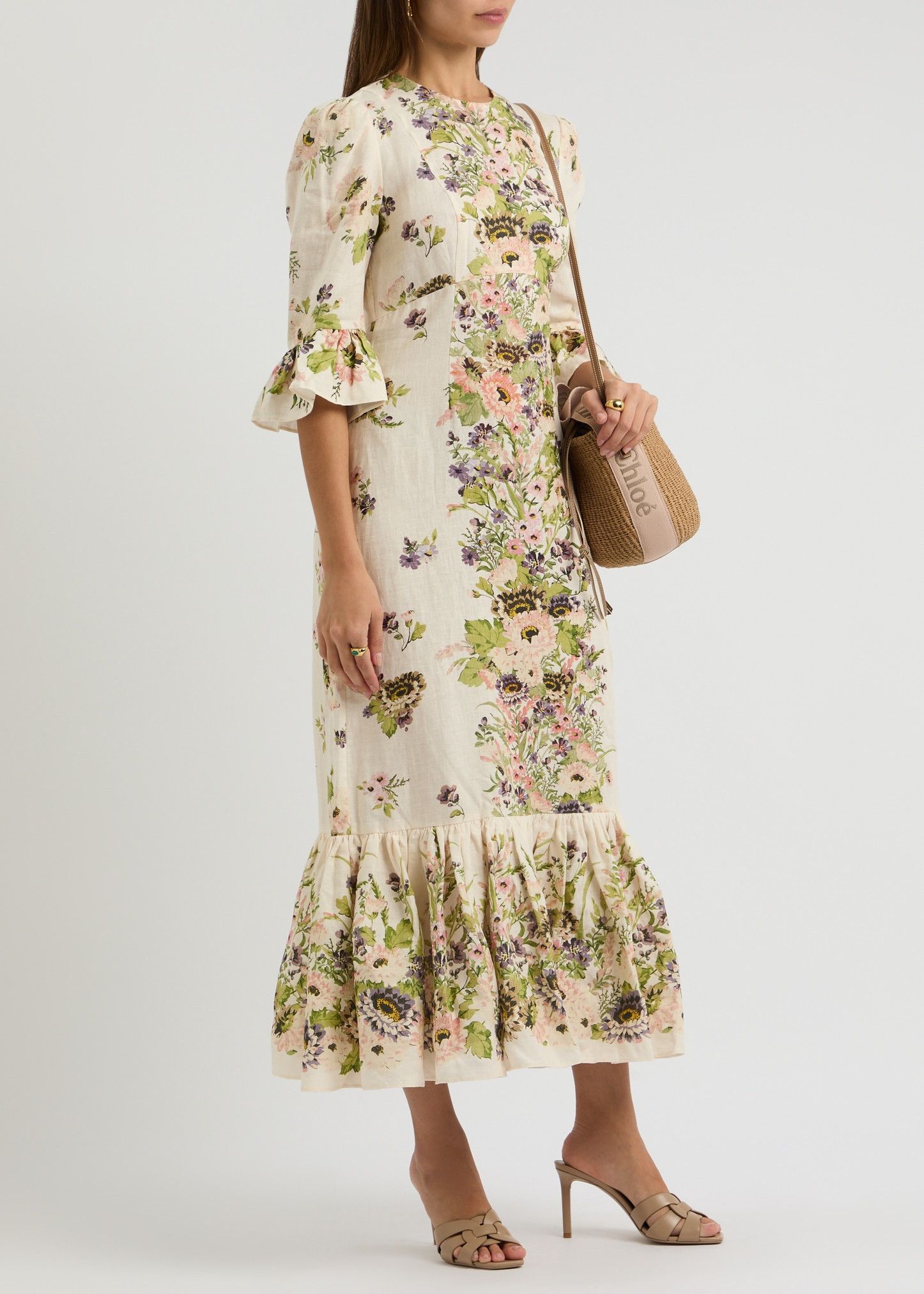 oc11z0625 Halliday Frill-Sleeve Midi-Dress in Multicolor