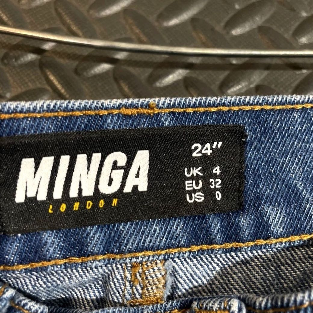Minga London Minga London Jeans High Waist Wide Leg Blue Smiley Face Knee Patches Raw Hem Denim Women's 24" Size 42" / US 20 - 4 Thumbnail