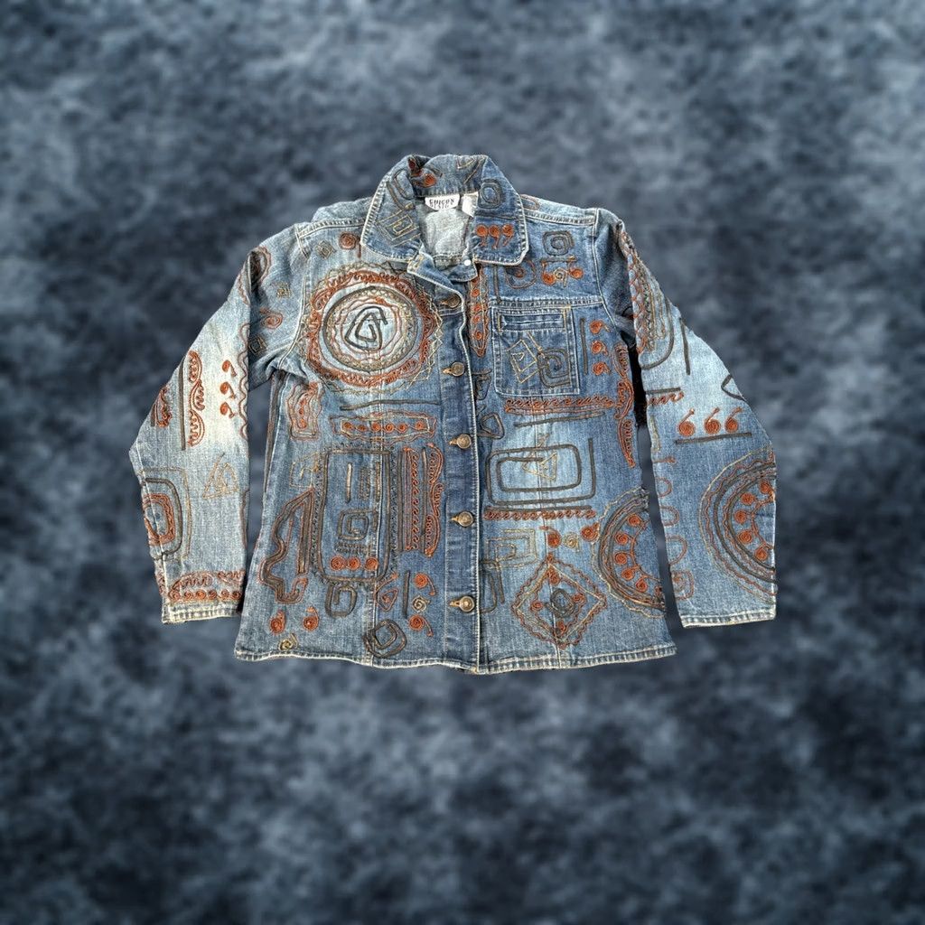 Vintage VINTAGE Chico's Denim Jacket Womens L Leather Trim All Over Hysteric Design Blue Cotton Denim Jacket Womens L Blue Leather Trim 90s Designer Mens? Size L / US 10 / IT 46 - 1 Thumbnail