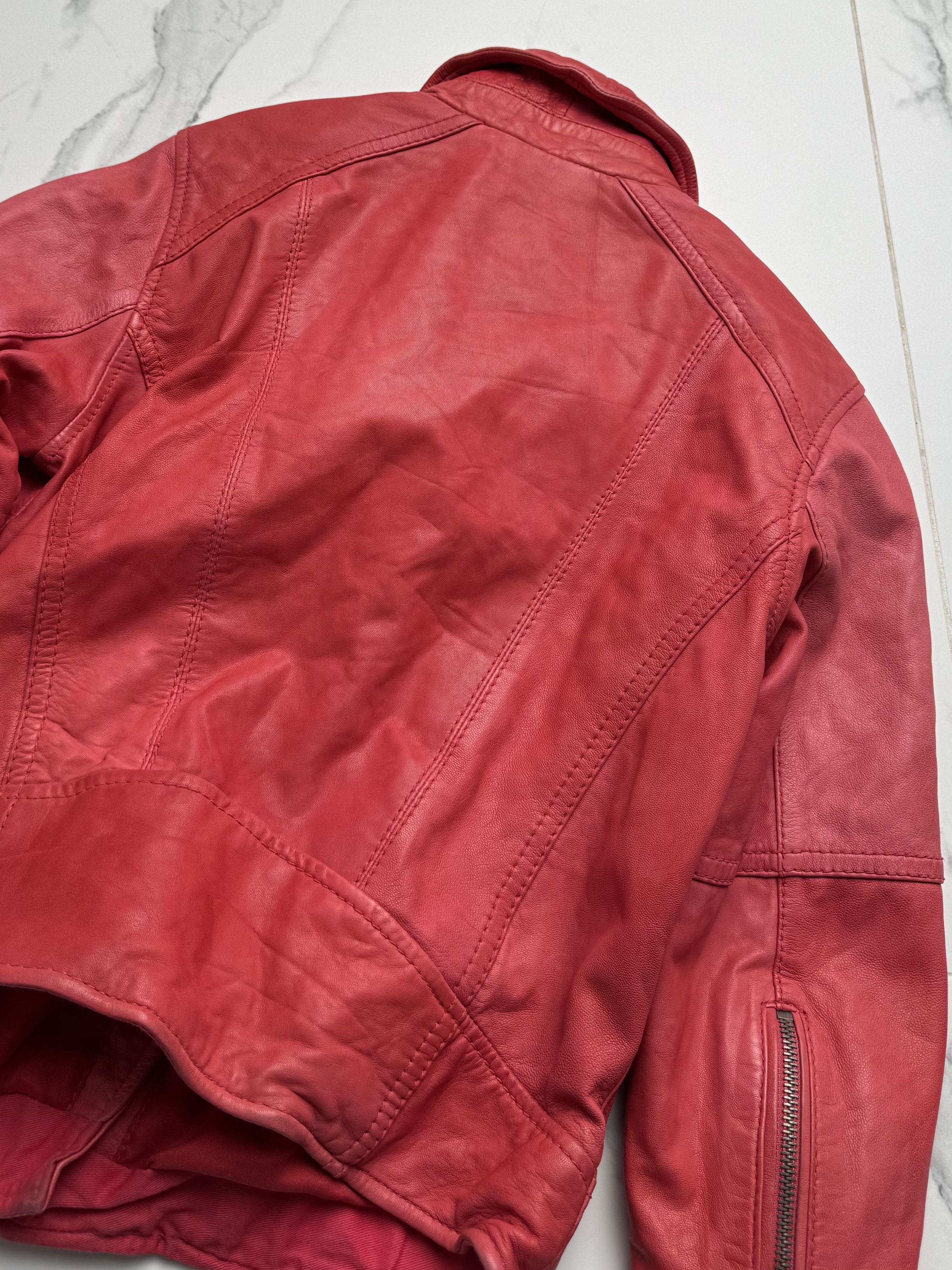 Leather Y2K Red Leather Biker Jacket Cropped Moto Zip Up Slim Fit Size XS / US 0-2 / IT 36-38 - 15 Thumbnail