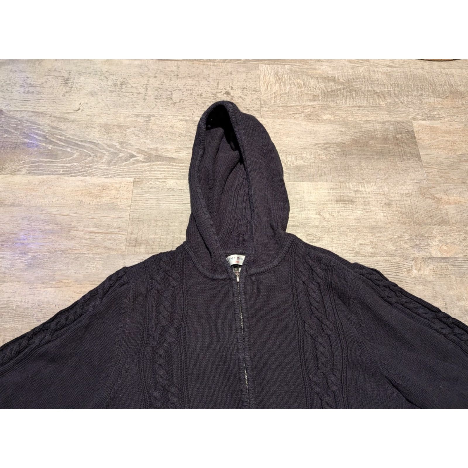 Tommy Hilfiger VINTAGE Tommy Hilfiger Women’s Sweater Full Zip Hooded Cable Knit Black XL Japan Size XL / US 12-14 / IT 48-50 - 2 Thumbnail
