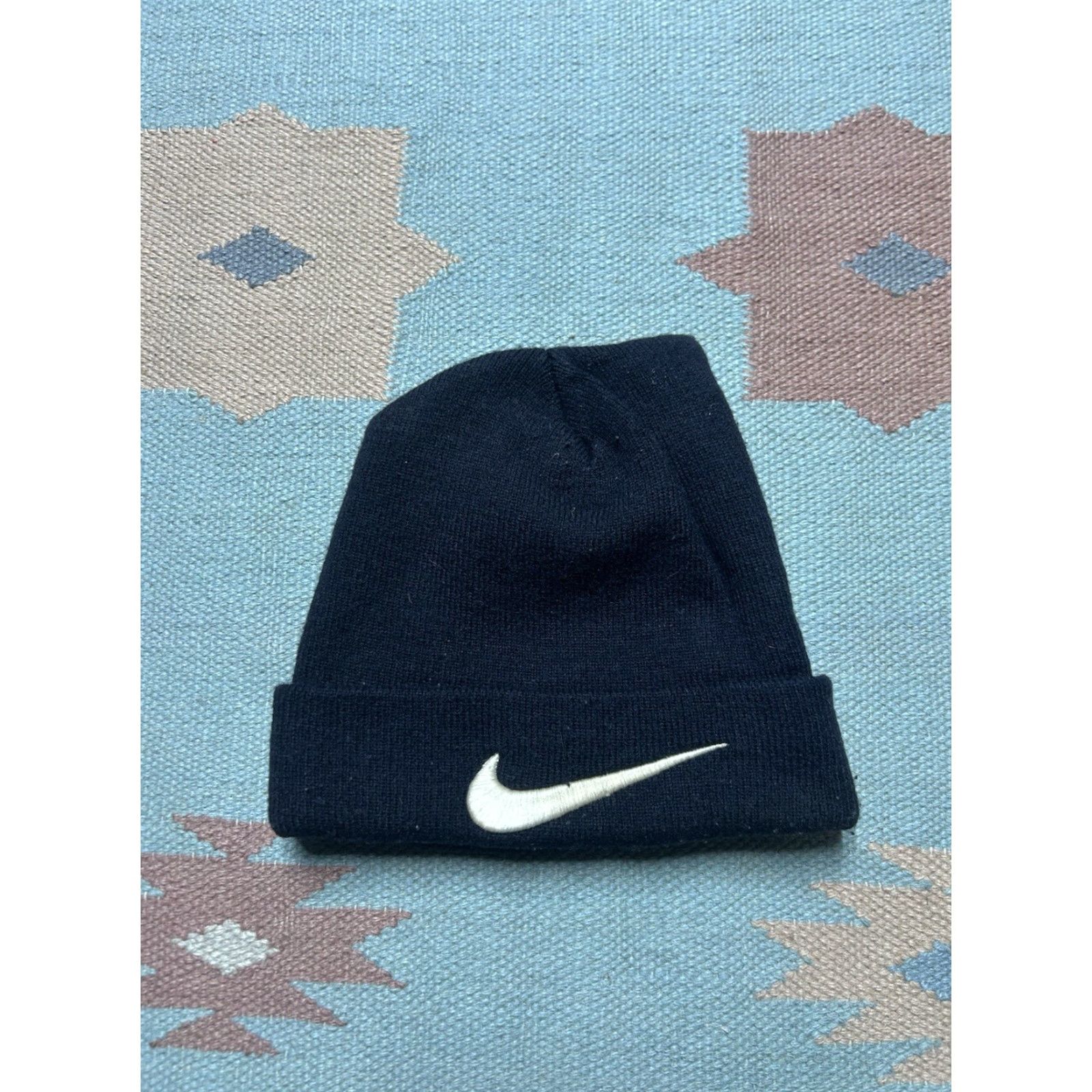 Nike VINTAGE Nike Beanie Knit Acrylic Winter Hat OSFA Black Nike Swoosh Check Big Logo Men Size ONE SIZE - 2 Thumbnail
