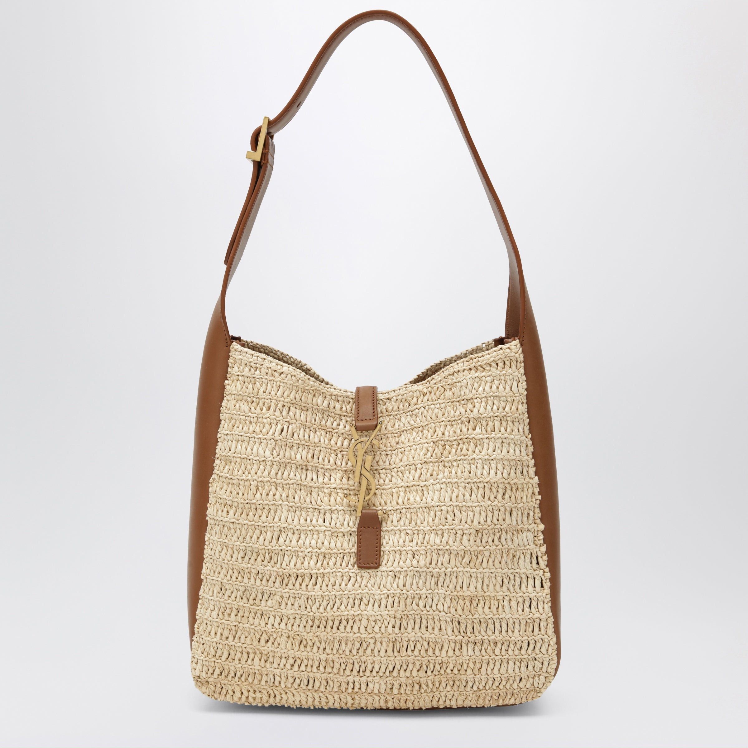 Saint Laurent Paris Saint Laurent Le 5 Ã€ 7 Small Raffia And Leather Bag, Pale Brown/Brick Size ONE SIZE - 1 Thumbnail